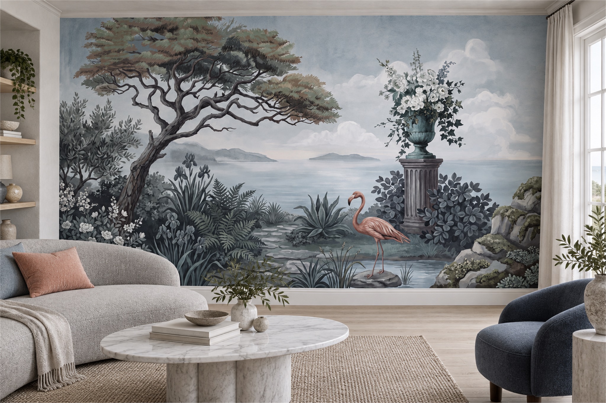 Flamingo Beside A Flowering Lakeside Garden Wallpaper Mural — Wallpaper Mural Design, Peel-and-stick Finish