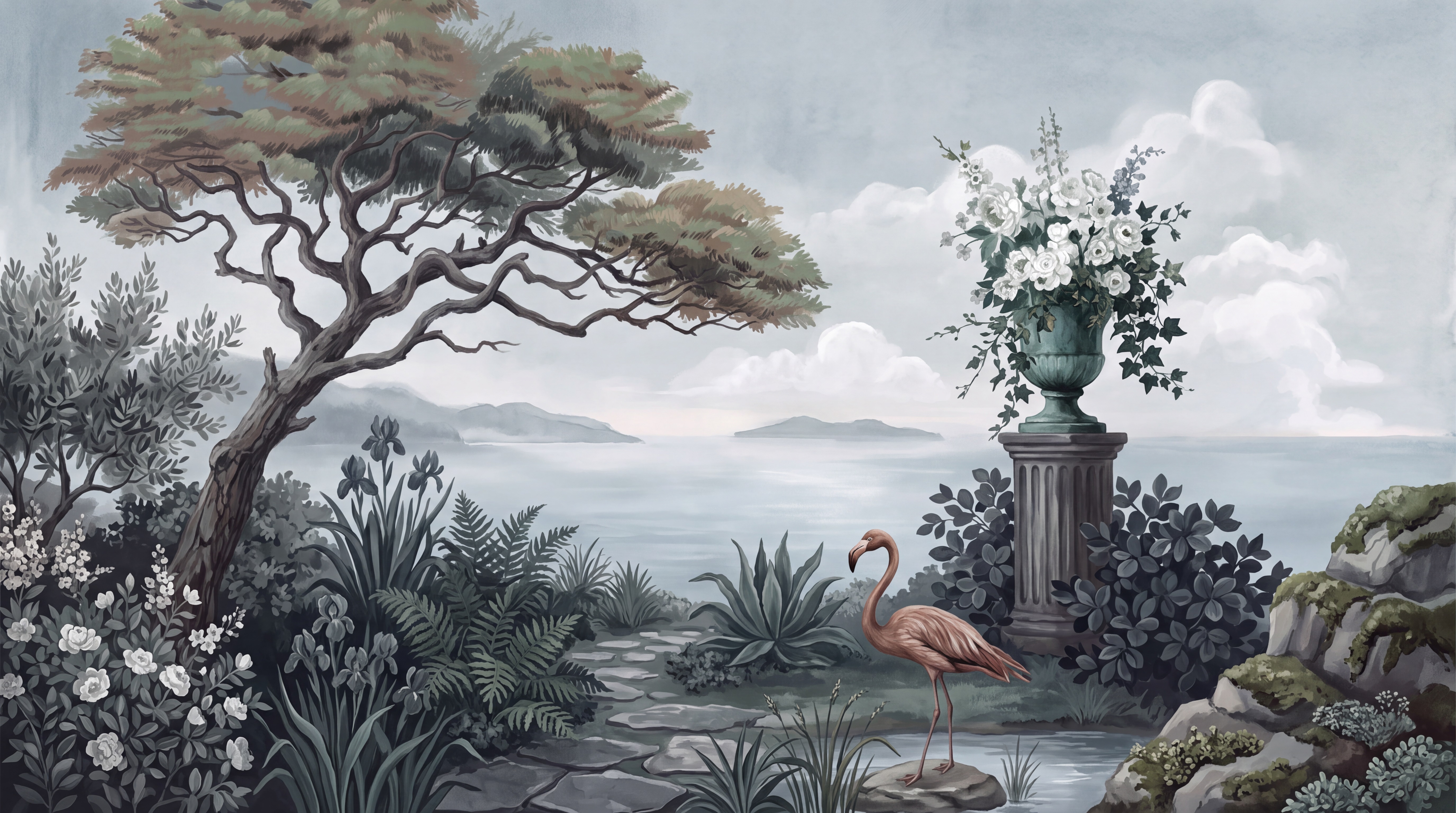 Blue Flamingo Wallpaper Mural, Peel-and-stick Finish