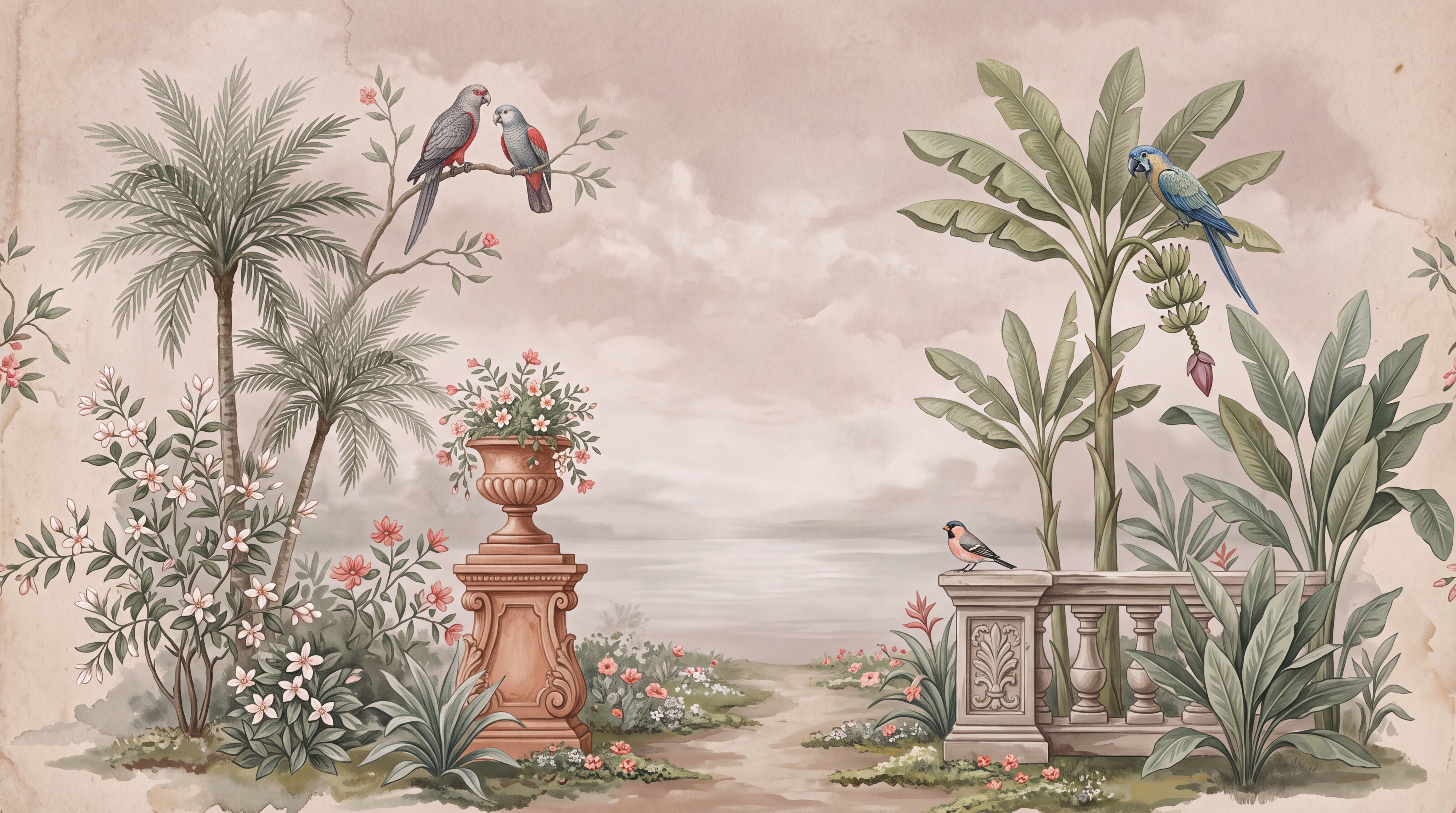 Blush Bird Illustrated Abstract Wallpaper Mural, Peel-and-stick Finish