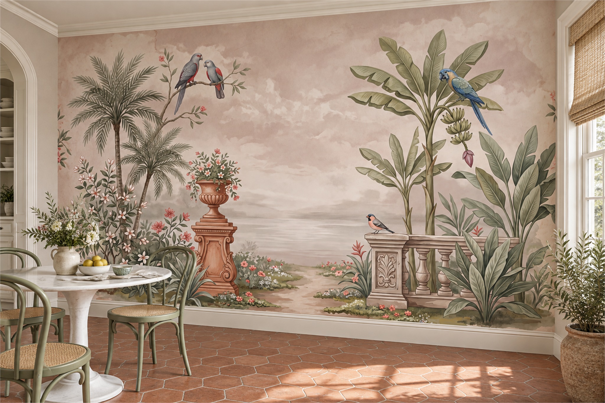 Blush Bird Illustrated Abstract Wallpaper Mural Dining-room-wallpaper-murals, Shown In A Dining Room, Peel-and-stick Finish
