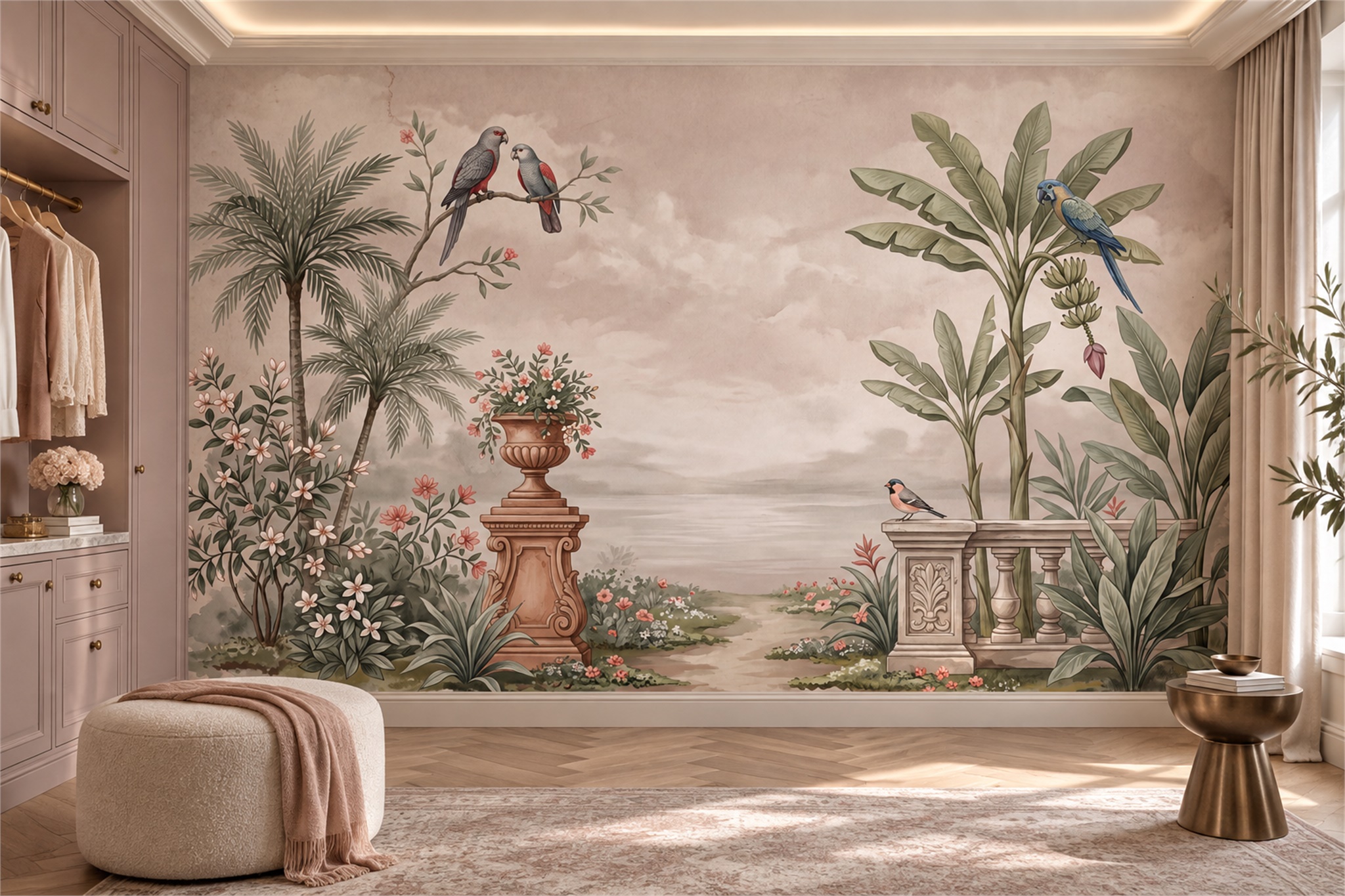 Blush Bird Illustrated Abstract Wallpaper Mural Accent-wall-wallpaper-murals, Peel-and-stick Finish