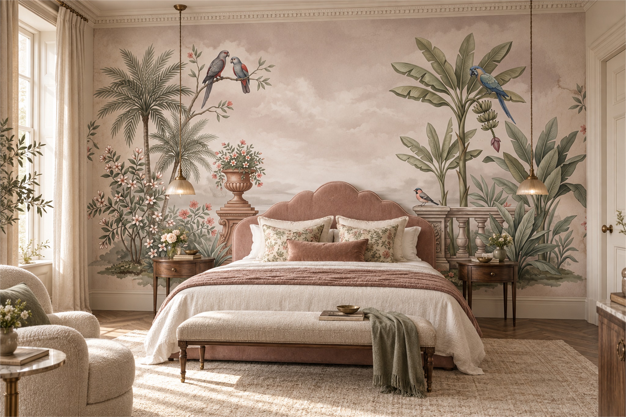 Tropical Birds And Garden Terrace In Blush Tones Wallpaper Mural — Installed Wallpaper Mural In A Bedroom, Peel-and-stick Finish