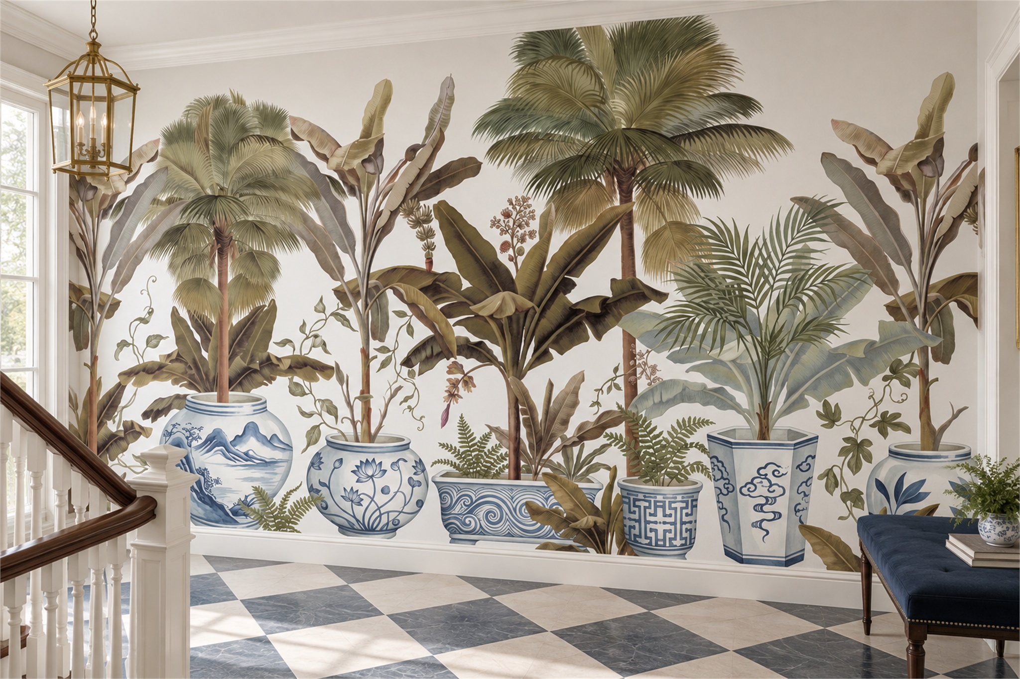 Olive Palm Artful Wallpaper Mural Hallway-wallpaper-murals, Peel-and-stick Finish