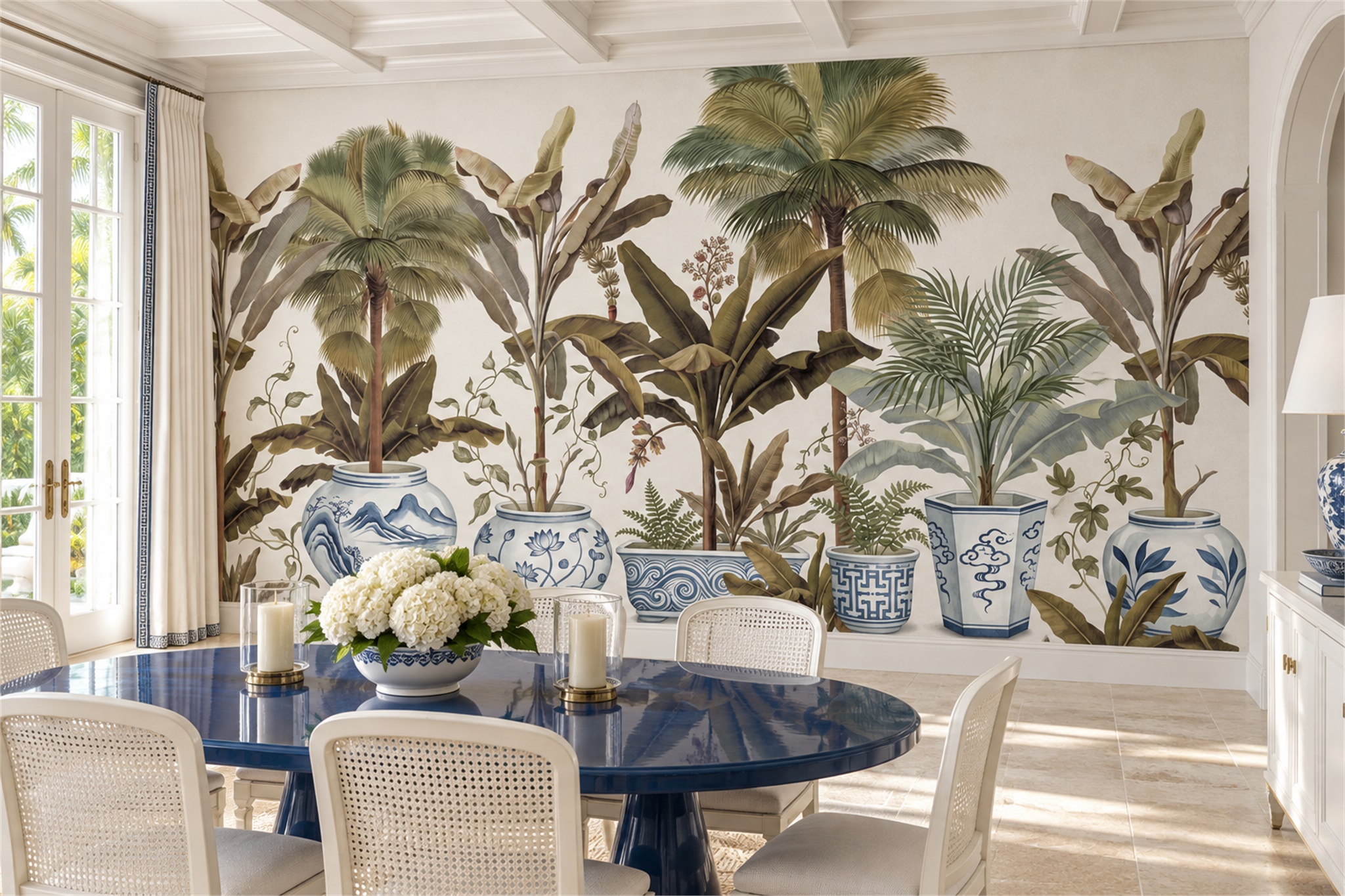 Olive Palm Trees In Blue And White Planters Wallpaper Mural — Wallpaper Mural Design, Peel-and-stick Finish