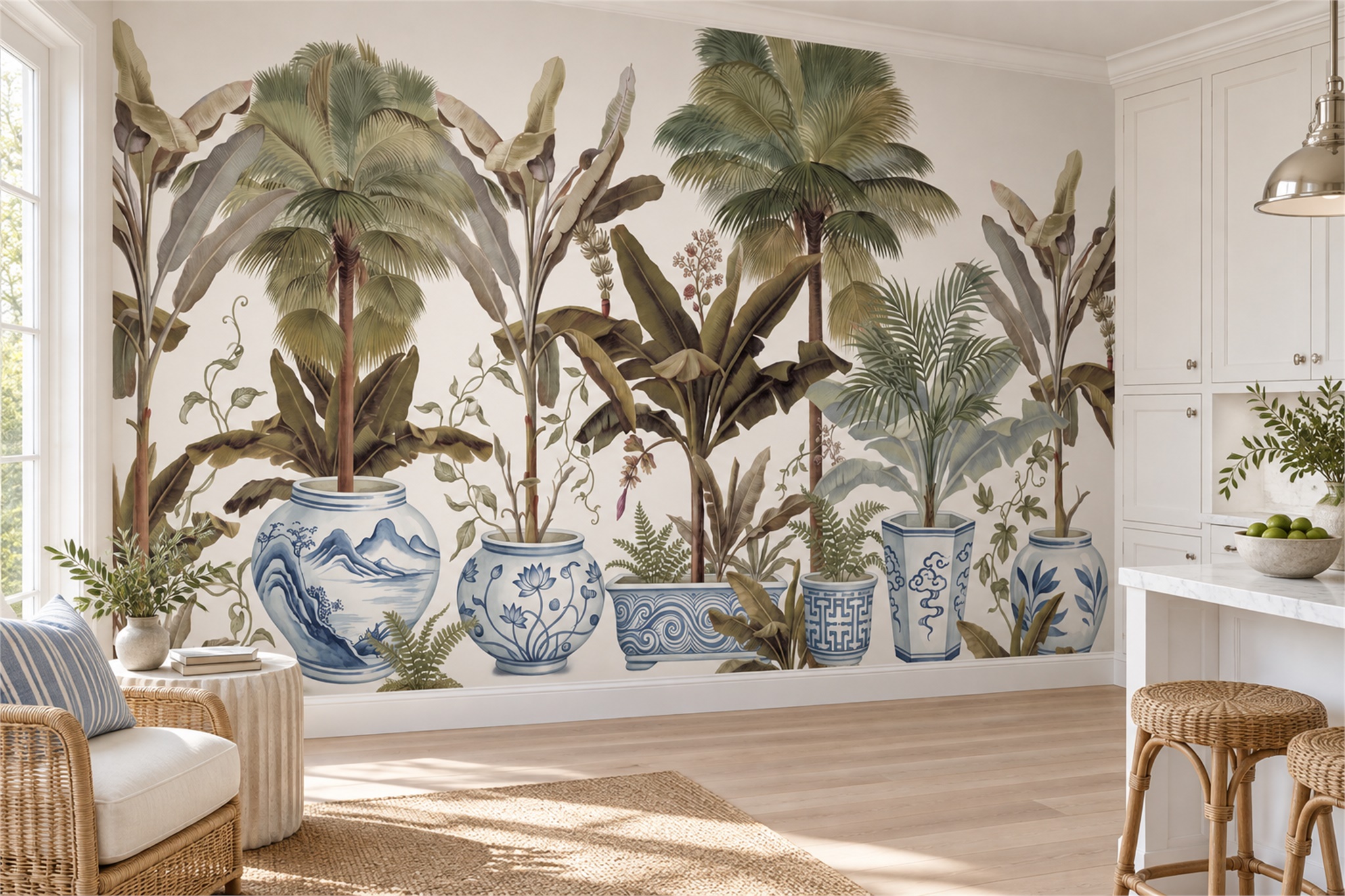 Olive Palm Artful Wallpaper Mural Feature-wall-wallpaper-murals, Peel-and-stick Finish