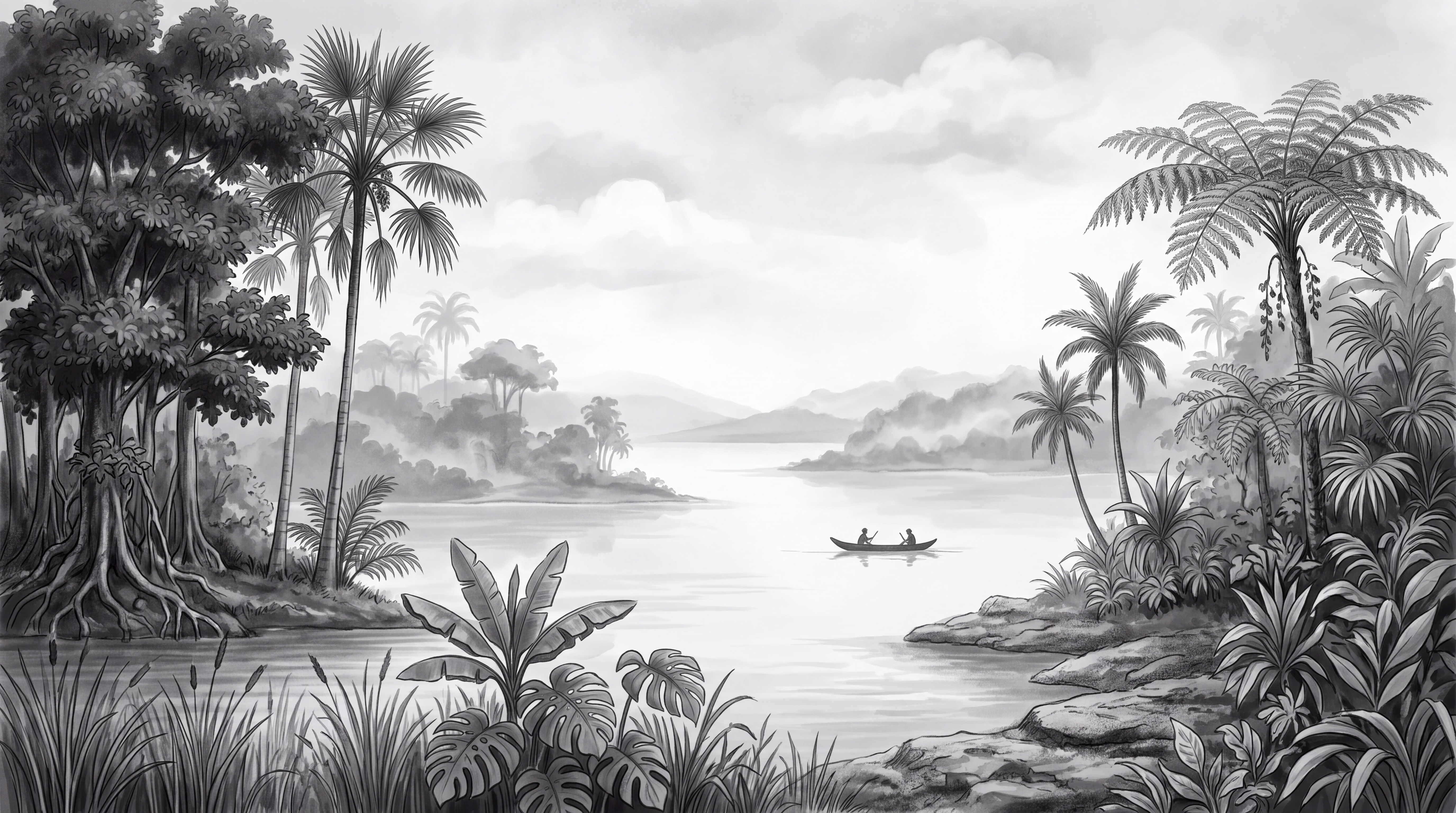 Grey Tropical Artful Decorative Wallpaper Mural, Peel-and-stick Finish