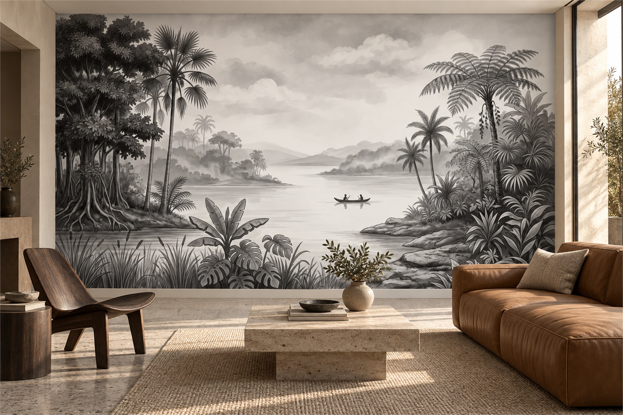 Monochrome Tropical River With Canoe And Palms Wallpaper Mural — Wallpaper Mural Design, Peel-and-stick Finish