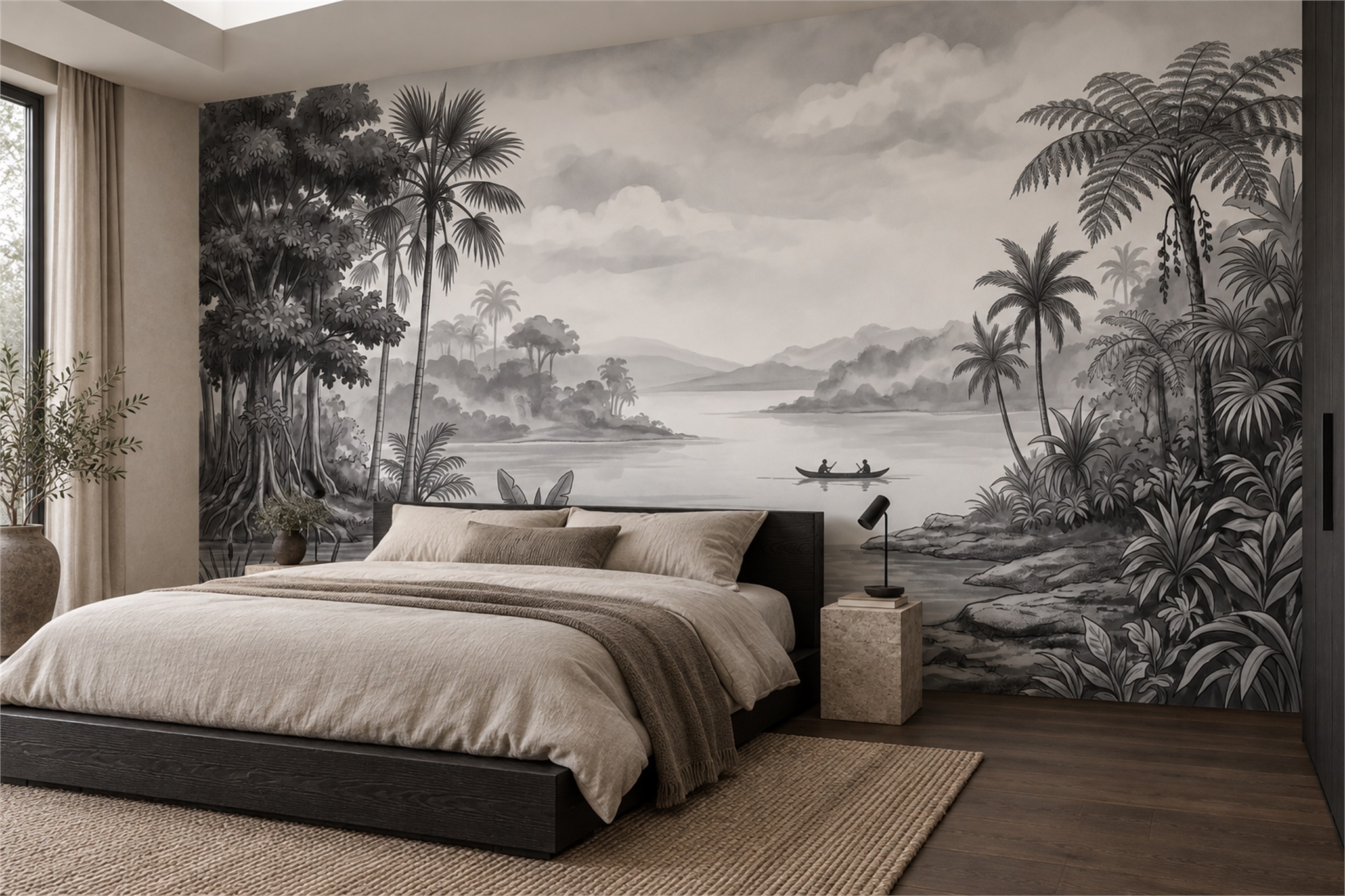 Grey Tropical Artful Decorative Wallpaper Mural Bedroom-wallpaper-murals, Peel-and-stick Finish