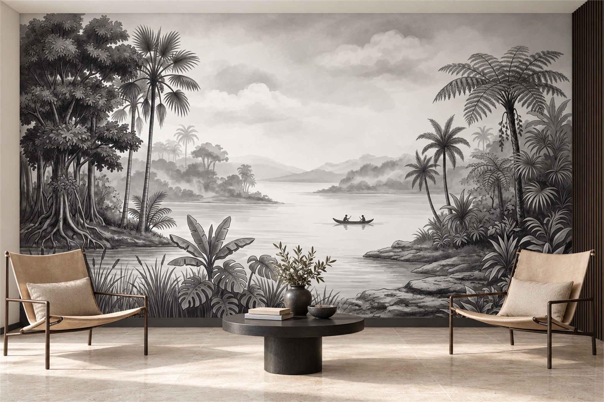 Grey Tropical Artful Decorative Wallpaper Mural, Peel-and-stick Finish