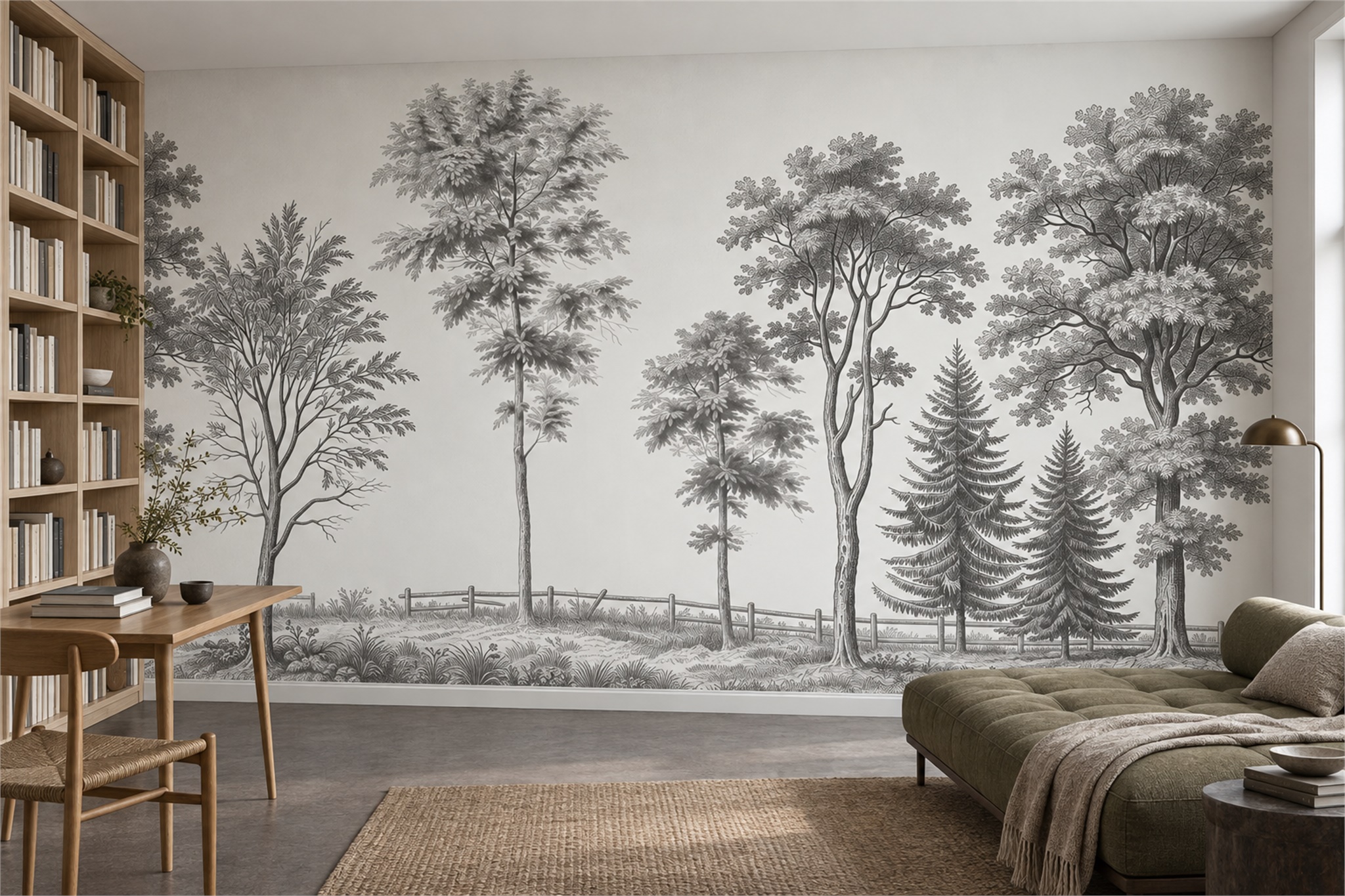 Grey Scenic Scenic Painterly Wallpaper Mural Home-office-wallpaper-murals, Shown In A Home Office, Peel-and-stick Finish