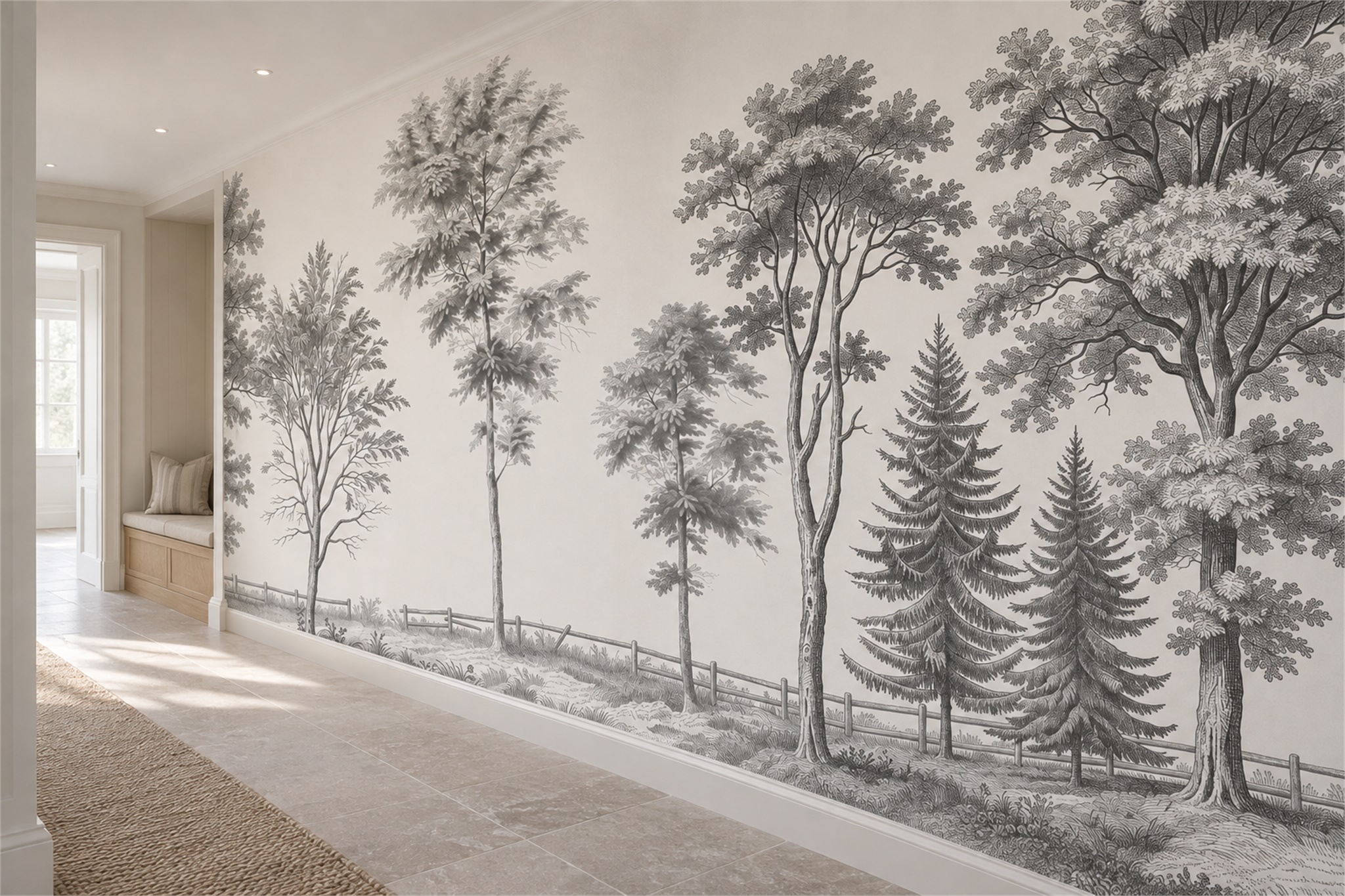 Monochrome Trees Behind A Country Fence Wallpaper Mural — Installed Wallpaper Mural In A Hallway, Peel-and-stick Finish
