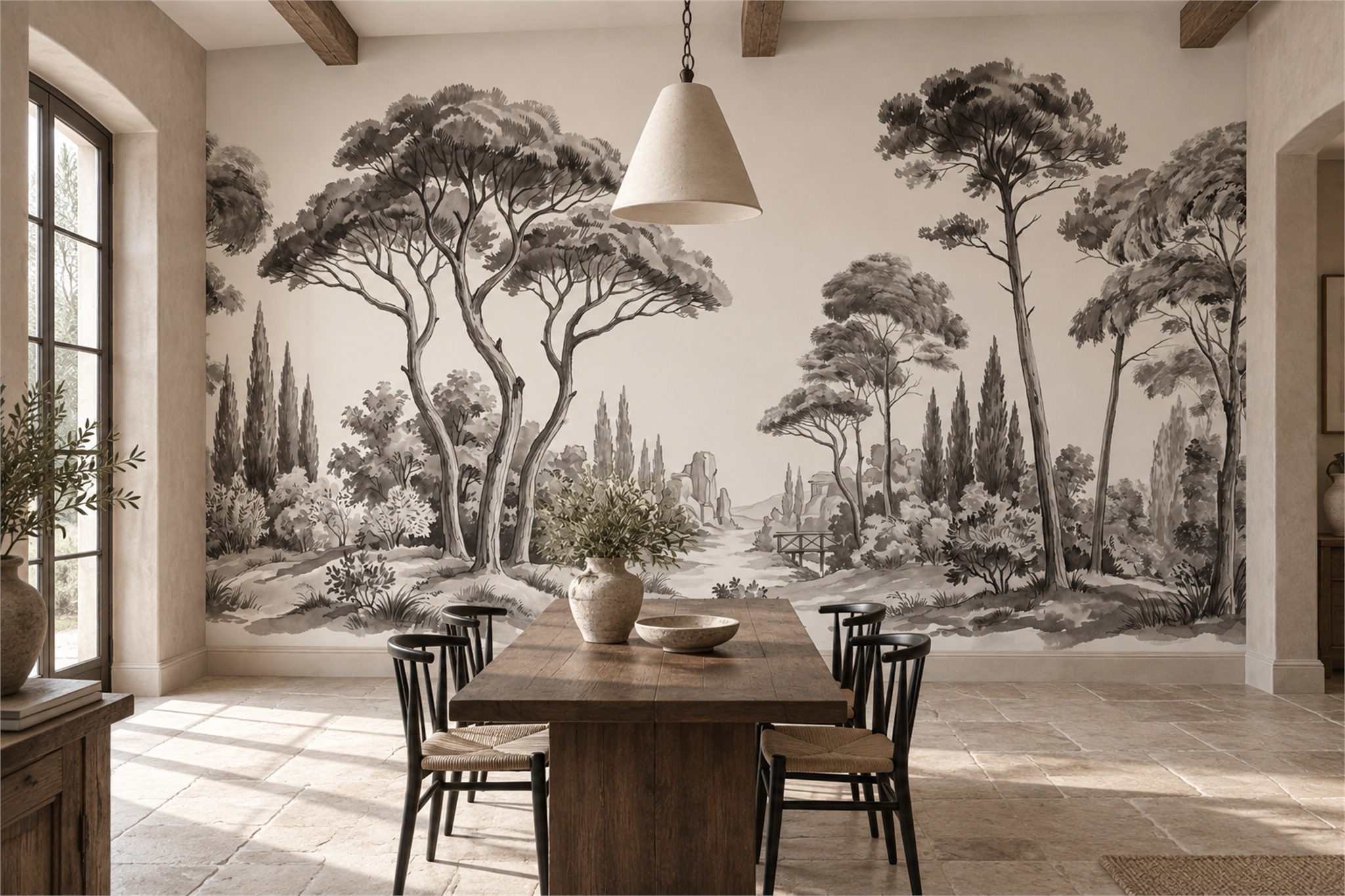 Monochrome Ink-wash Woodland Path And Trees Wallpaper Mural — Wallpaper Mural Design, Peel-and-stick Finish