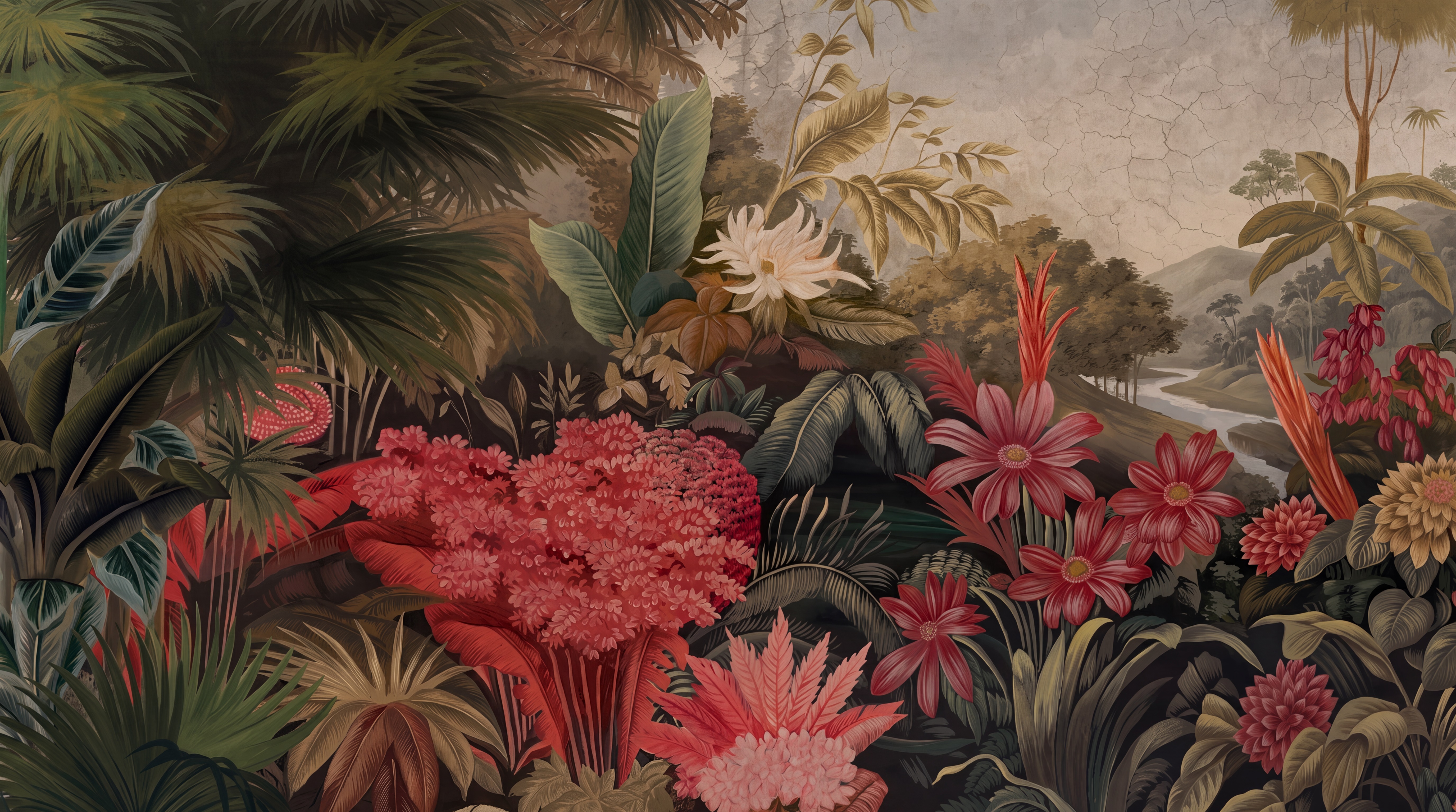 Red Tropical Artful Wallpaper Mural, Peel-and-stick Finish