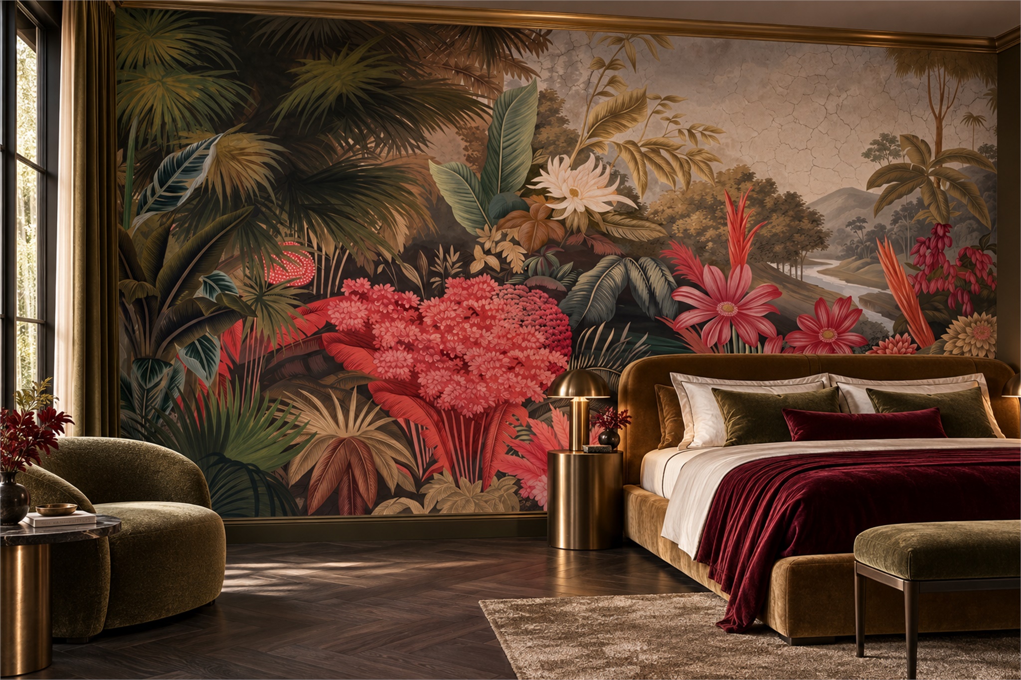 Red Tropical Artful Wallpaper Mural Bedroom-wallpaper-murals, Peel-and-stick Finish