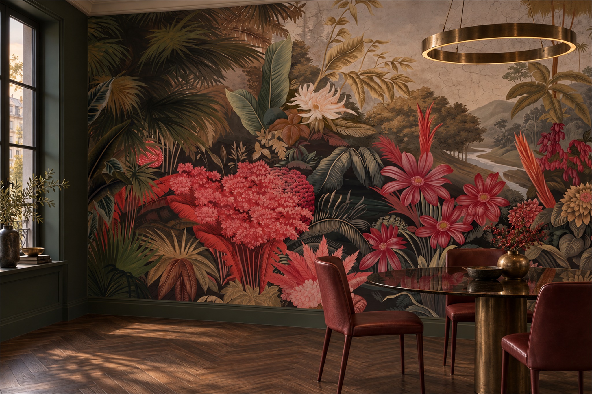 Red Tropical Artful Wallpaper Mural Accent-wall-wallpaper-murals, Peel-and-stick Finish