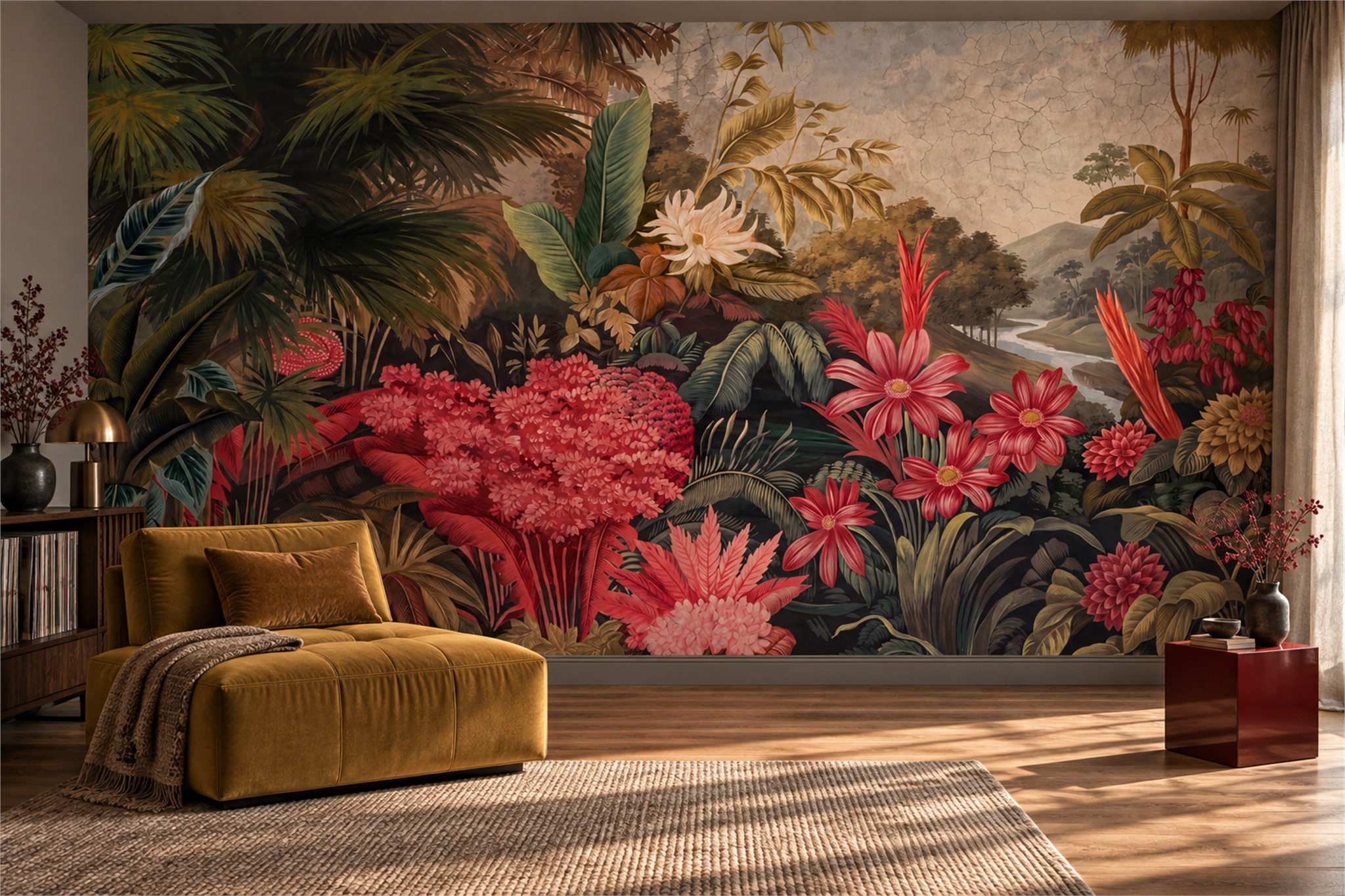 Red Tropical Artful Wallpaper Mural Accent-wall-wallpaper-murals, Peel-and-stick Finish