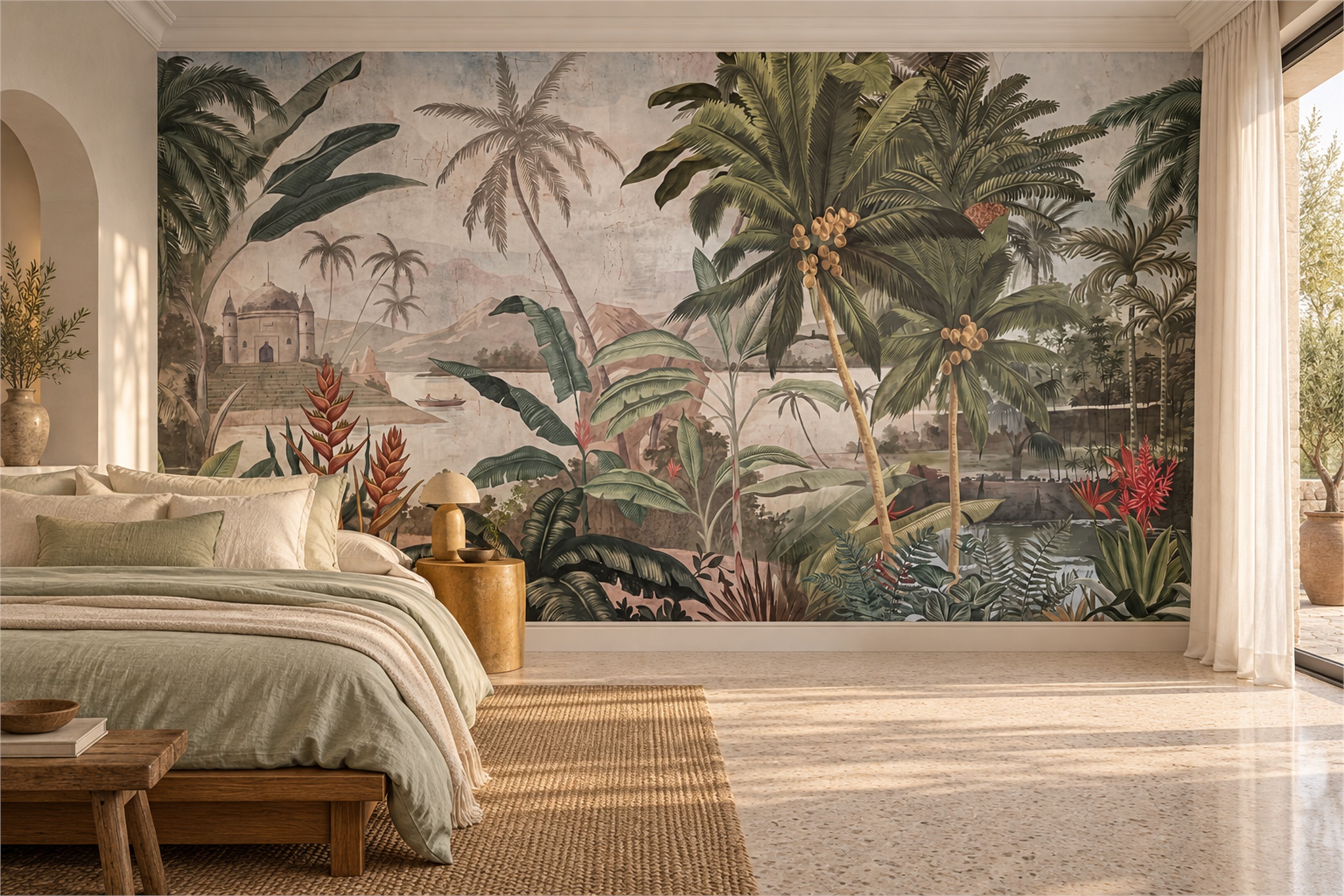 Tropical Temple And Palm Grove Wallpaper Mural — Installed Wallpaper Mural In A Bedroom, Peel-and-stick Finish