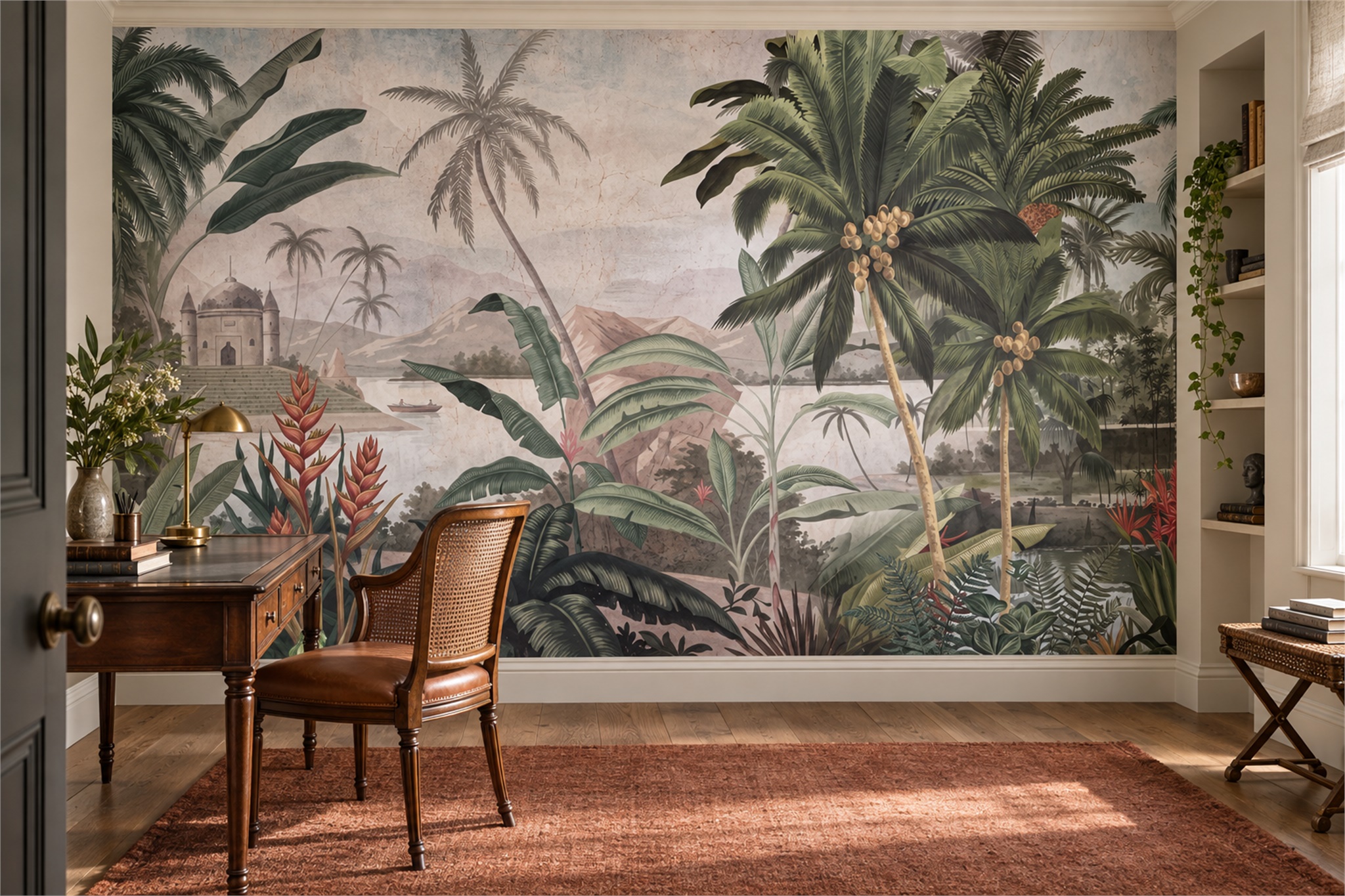 Green Jungle Scenic Layered Wallpaper Mural Home-office-wallpaper-murals, Shown In A Home Office, Peel-and-stick Finish