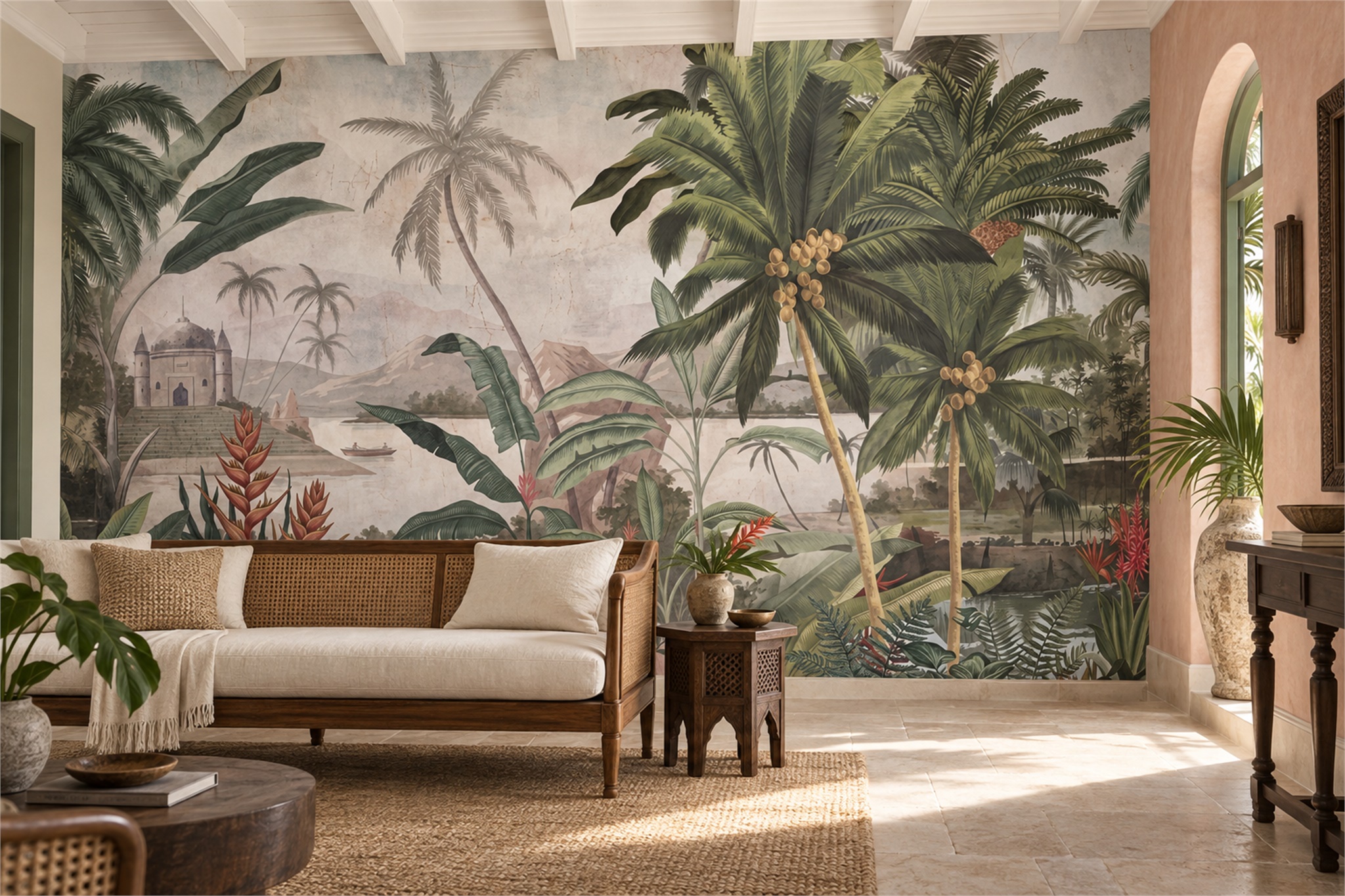 Green Jungle Scenic Layered Wallpaper Mural Accent-wall-wallpaper-murals, Peel-and-stick Finish