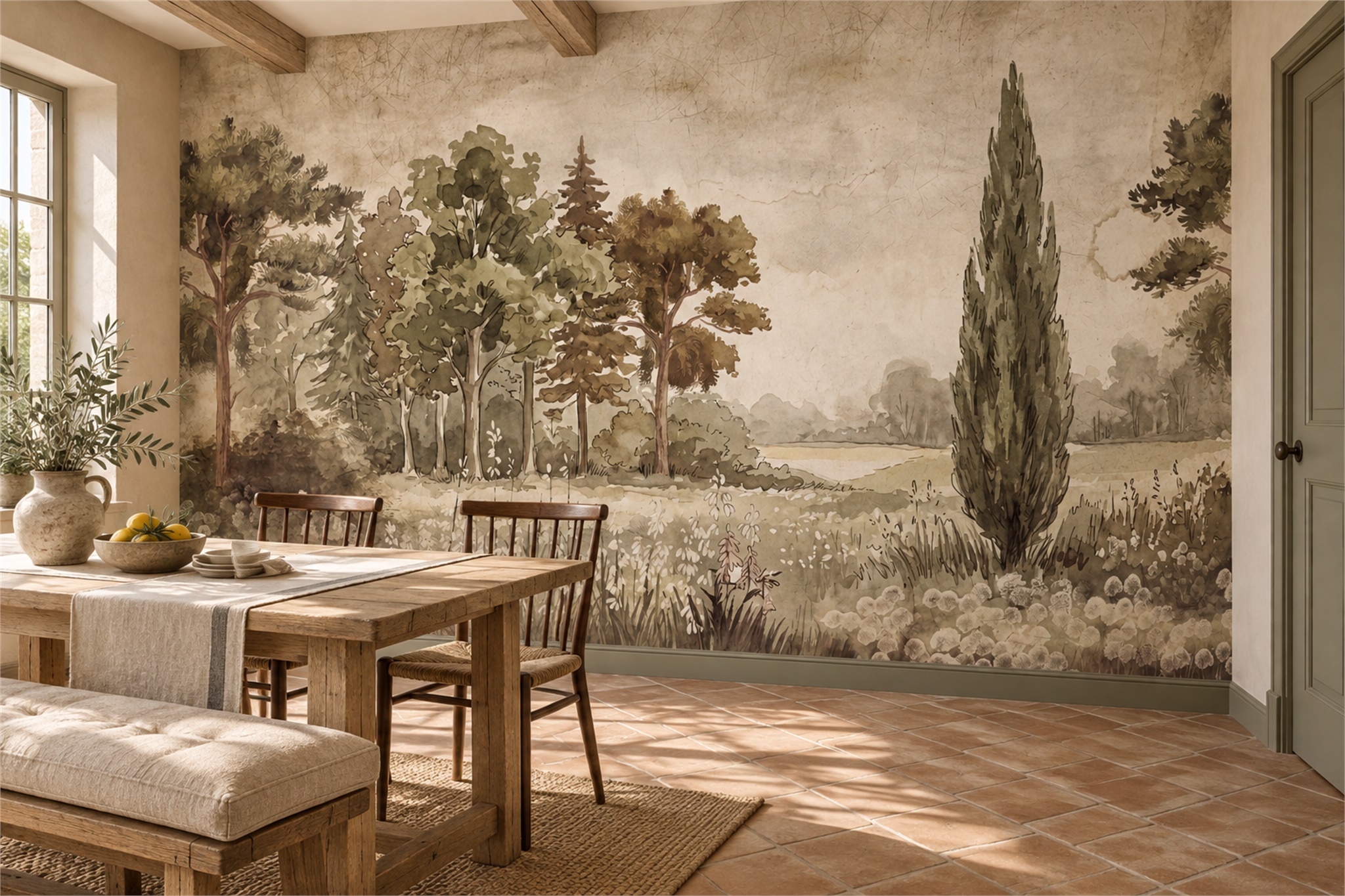 Sepia Woodland Clearing With Cypress And Wildflowers Wallpaper Mural — Wallpaper Mural Design, Peel-and-stick Finish