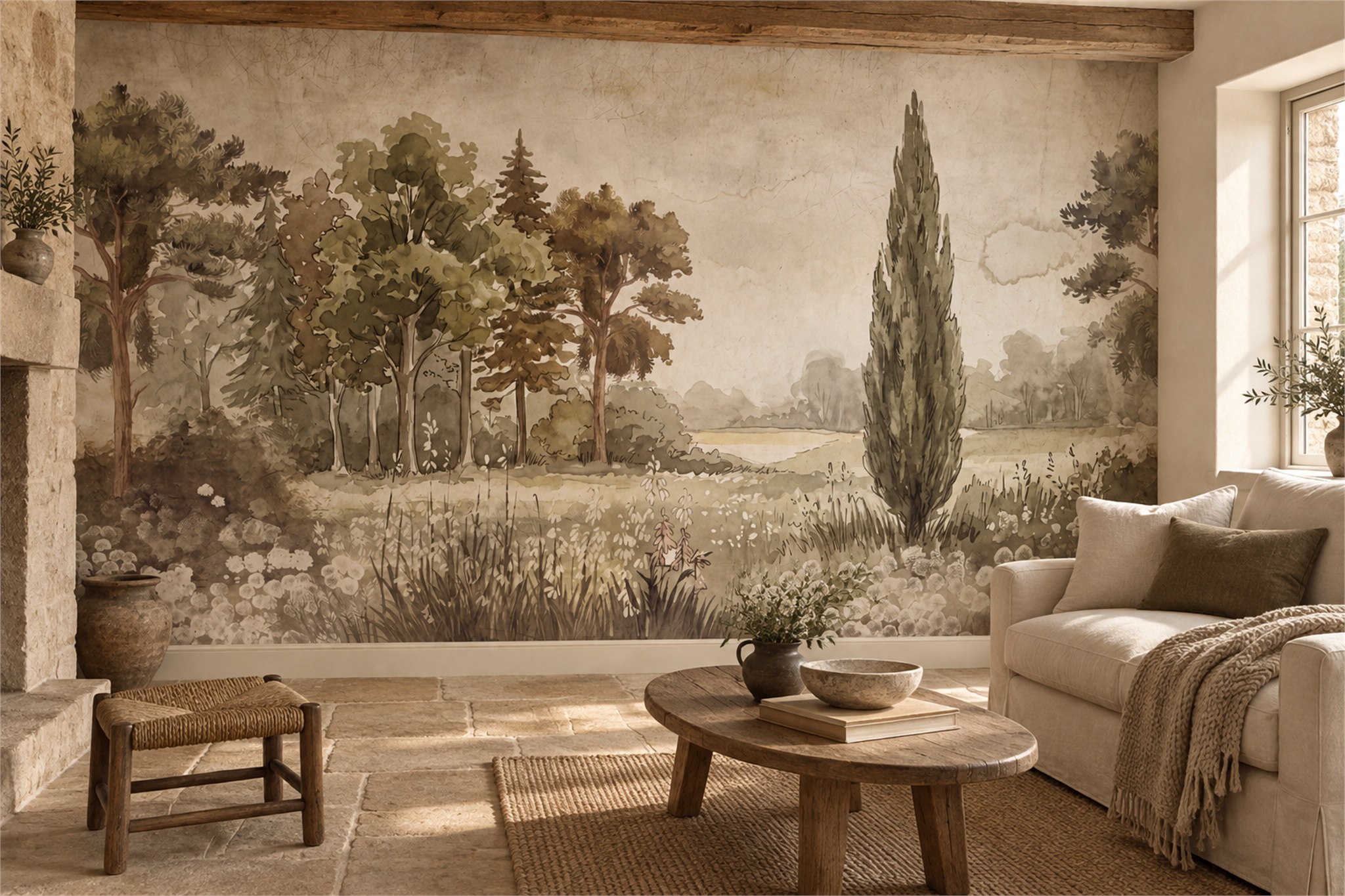 Sepia Meadow Scenic Wallpaper Mural Accent-wall-wallpaper-murals, Peel-and-stick Finish