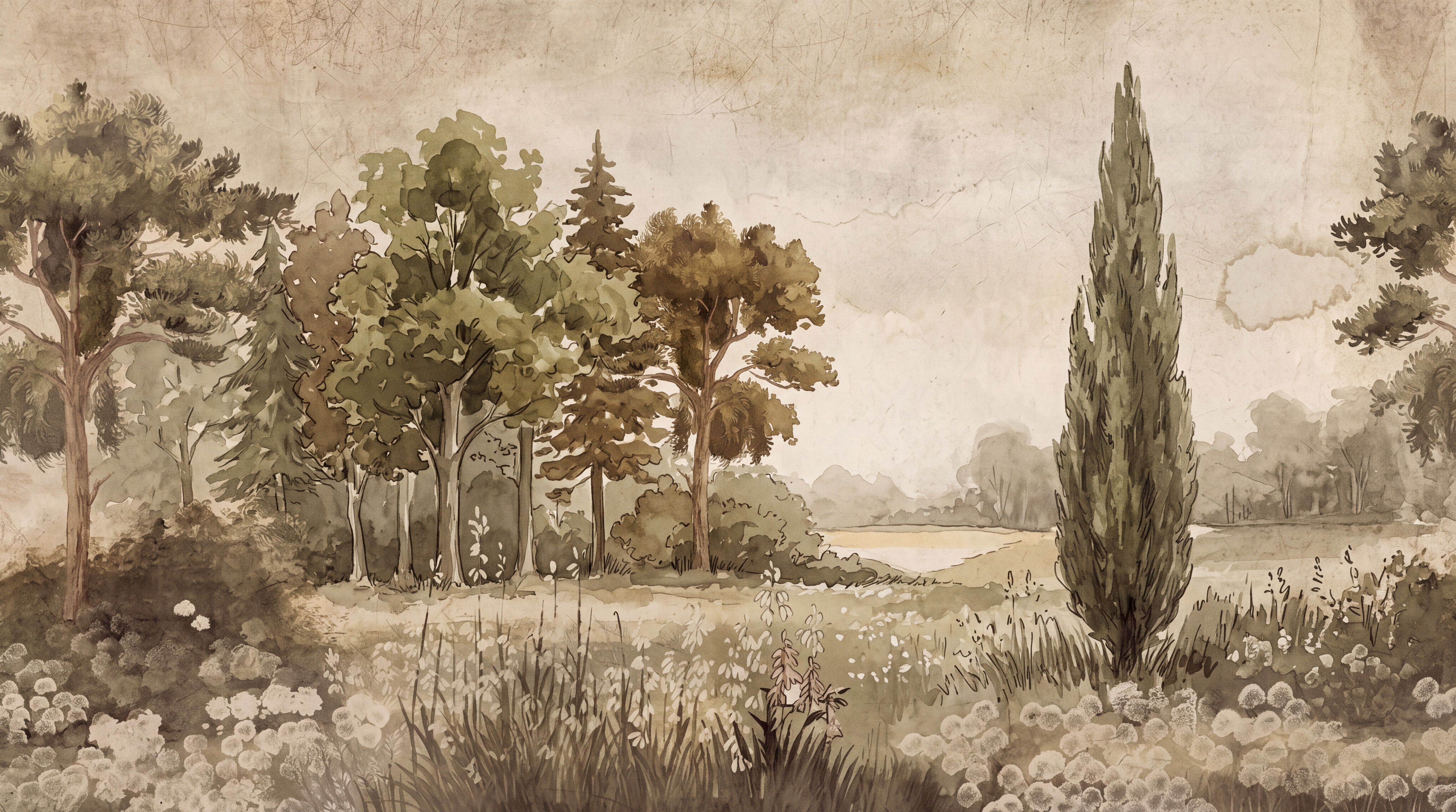 Sepia Meadow Scenic Wallpaper Mural, Peel-and-stick Finish
