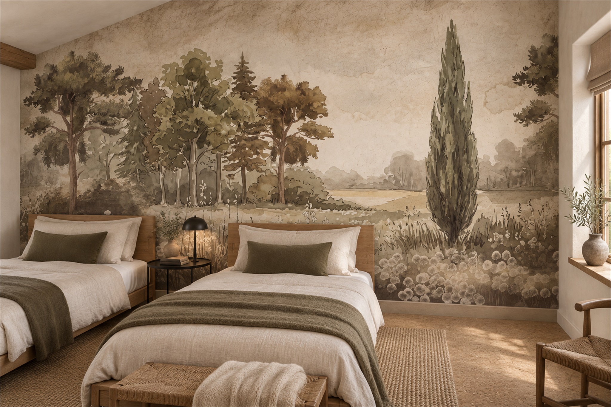 Sepia Meadow Scenic Wallpaper Mural Bedroom-wallpaper-murals, Peel-and-stick Finish