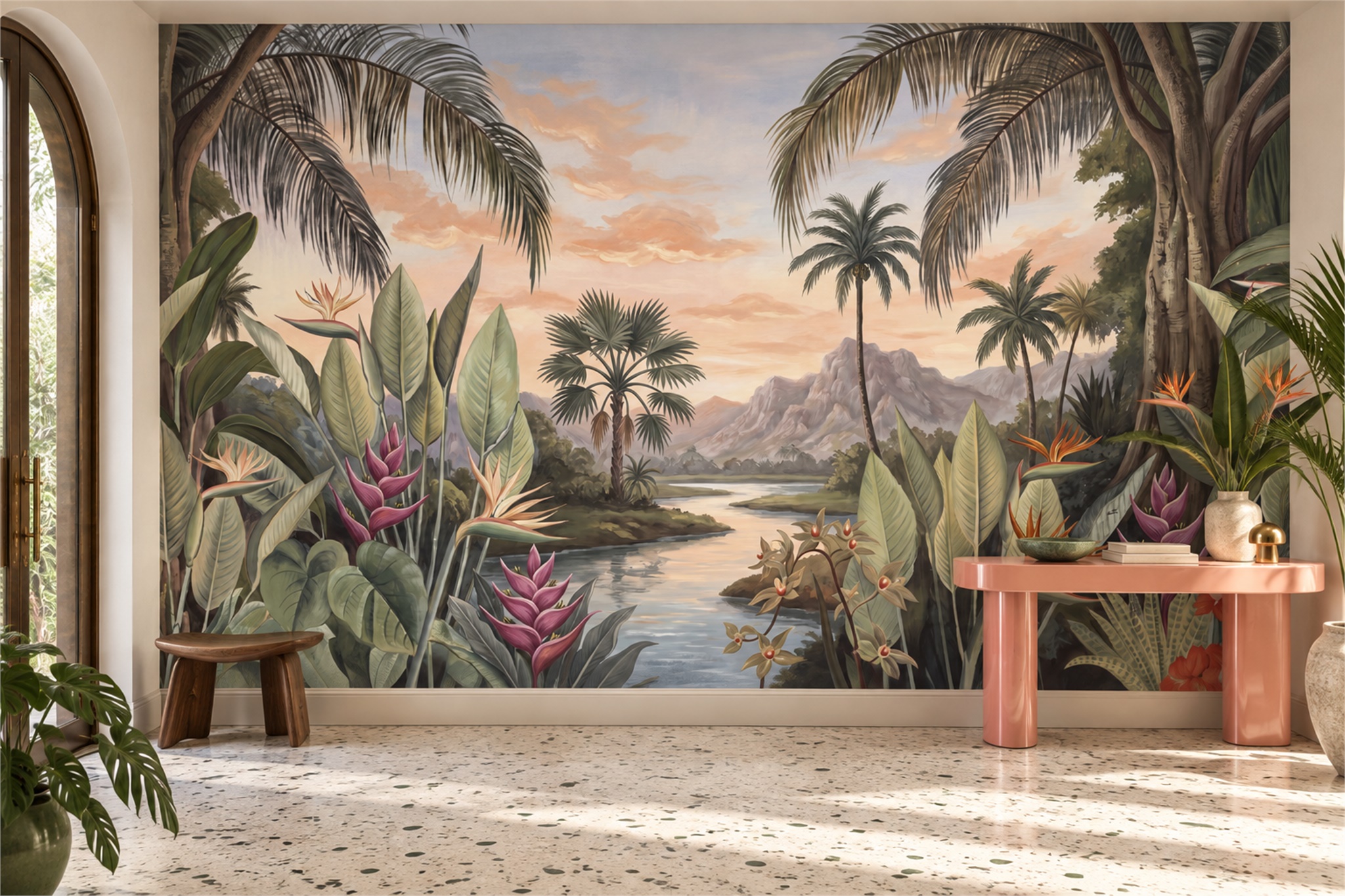 Tropical River Beneath A Peach Sky With Bird Of Paradise Flowers Wallpaper Mural — Installed Wallpaper Mural In A Entryway, Peel-and-stick Finish