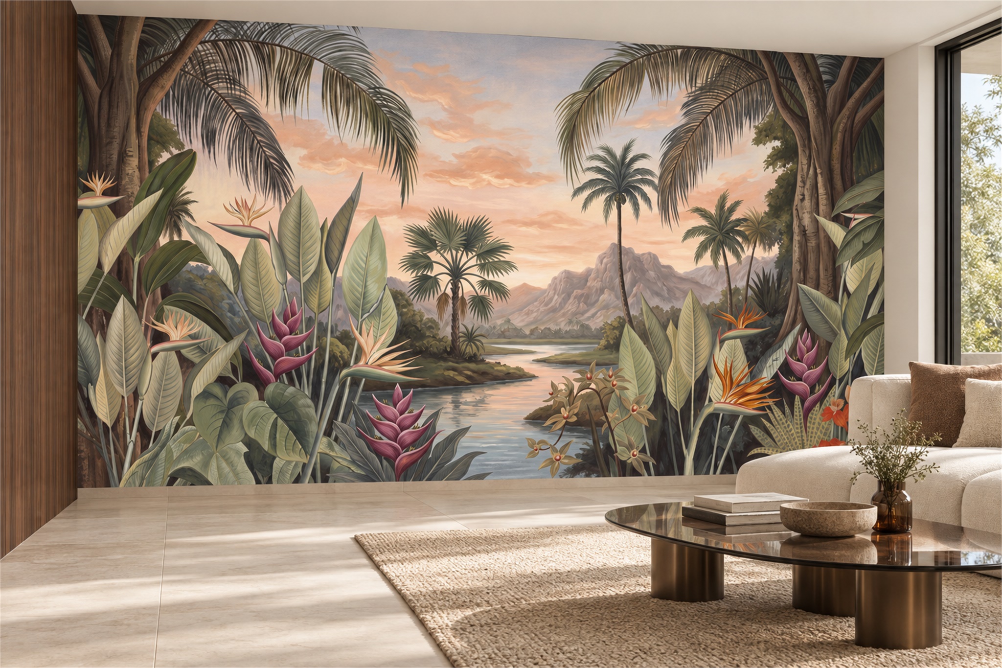 Peach Jungle Scenic Wallpaper Mural Feature-wall-wallpaper-murals, Peel-and-stick Finish
