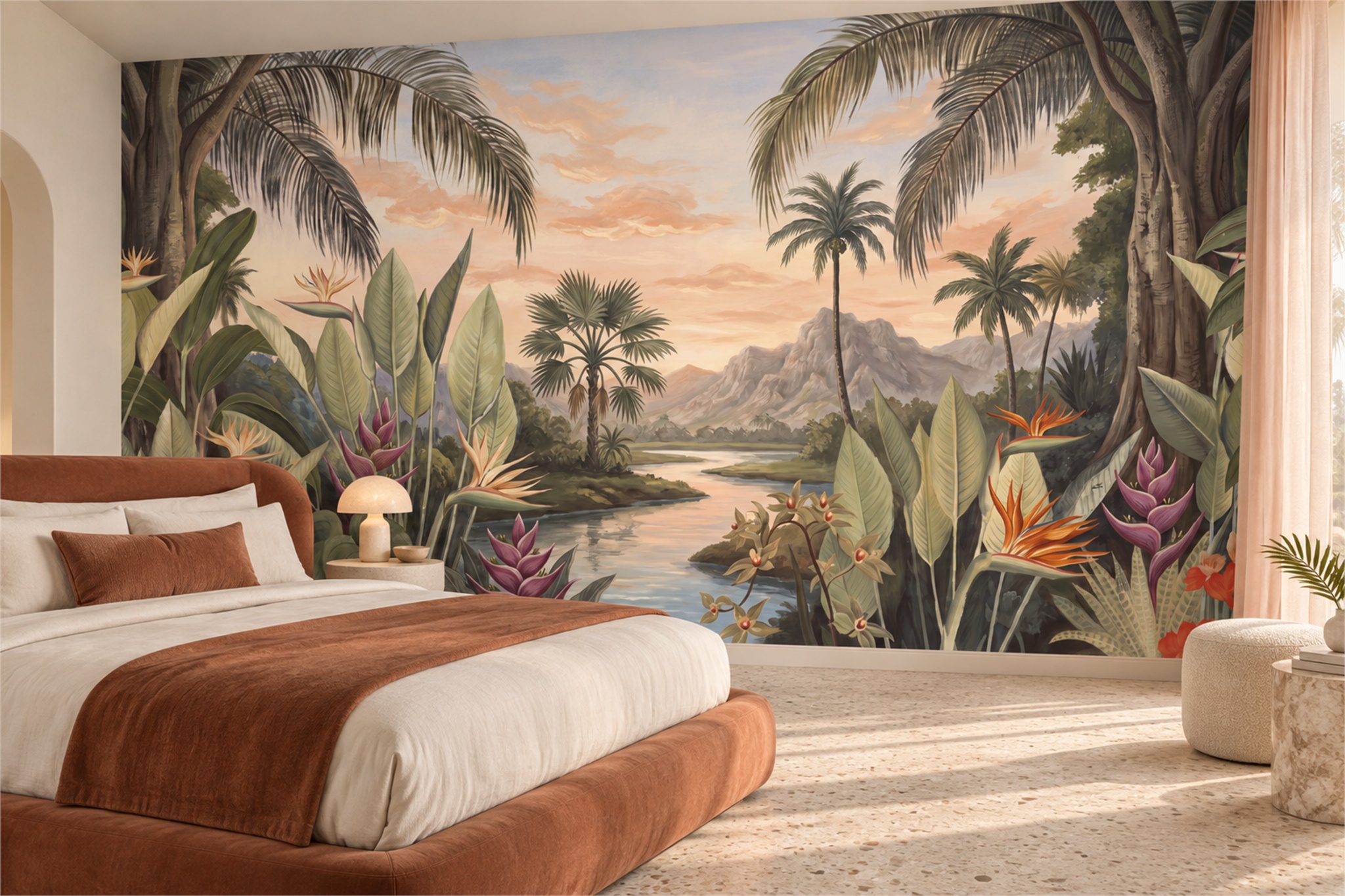 Peach Jungle Scenic Wallpaper Mural Bedroom-wallpaper-murals, Peel-and-stick Finish