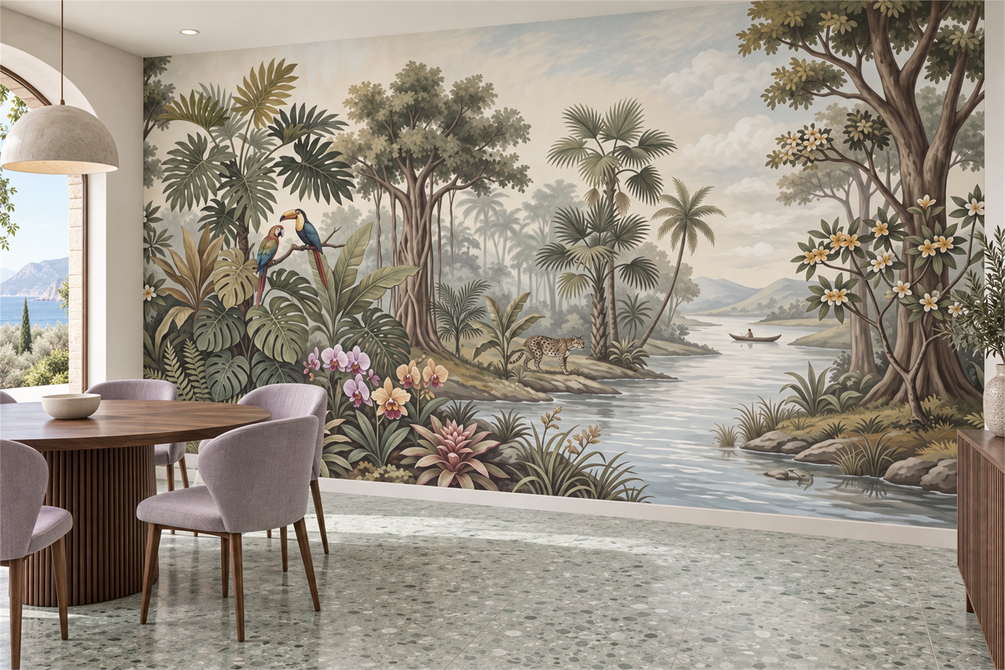Sage River Scenic Decorative Wallpaper Mural Dining-room-wallpaper-murals, Shown In A Dining Room, Peel-and-stick Finish