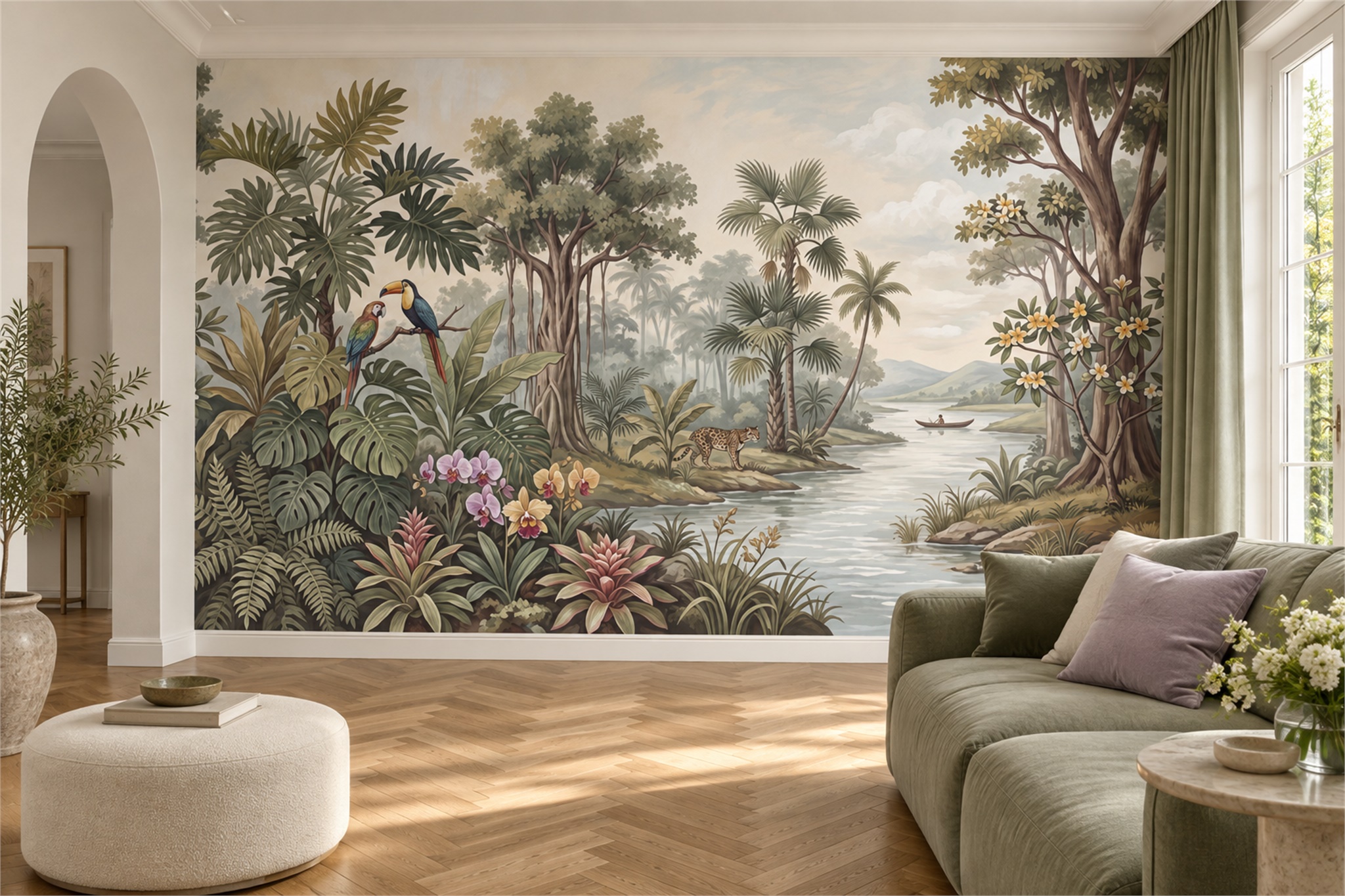 Sage River Scenic Decorative Wallpaper Mural Living-room-wallpaper-murals, Peel-and-stick Finish
