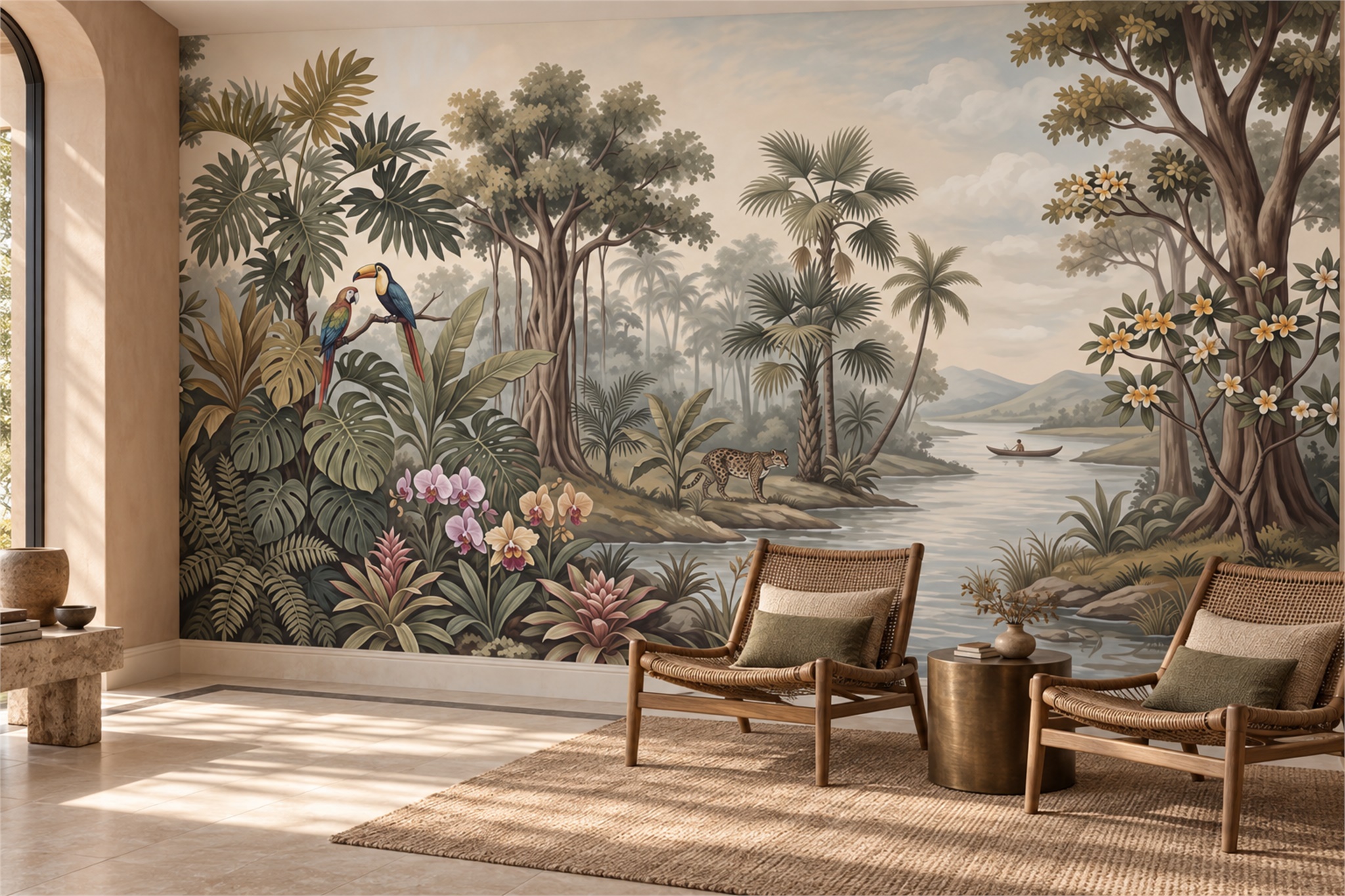 Tropical River With Toucans And Spotted Cat Wallpaper Mural — Wallpaper Mural Design, Peel-and-stick Finish