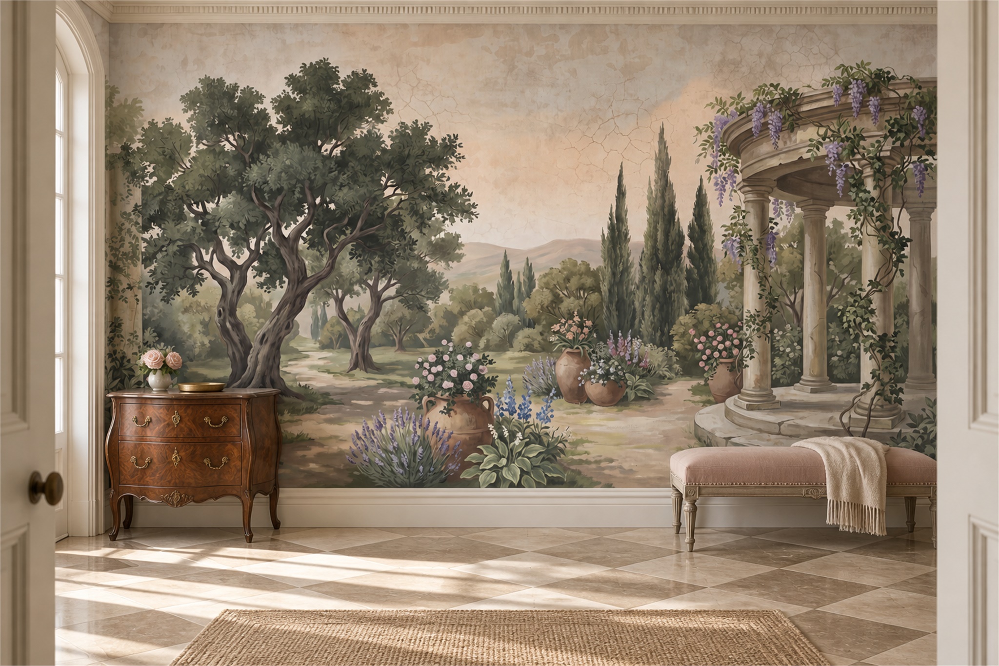 Olive Garden Scenic Wallpaper Mural Entryway-wallpaper-murals, Peel-and-stick Finish