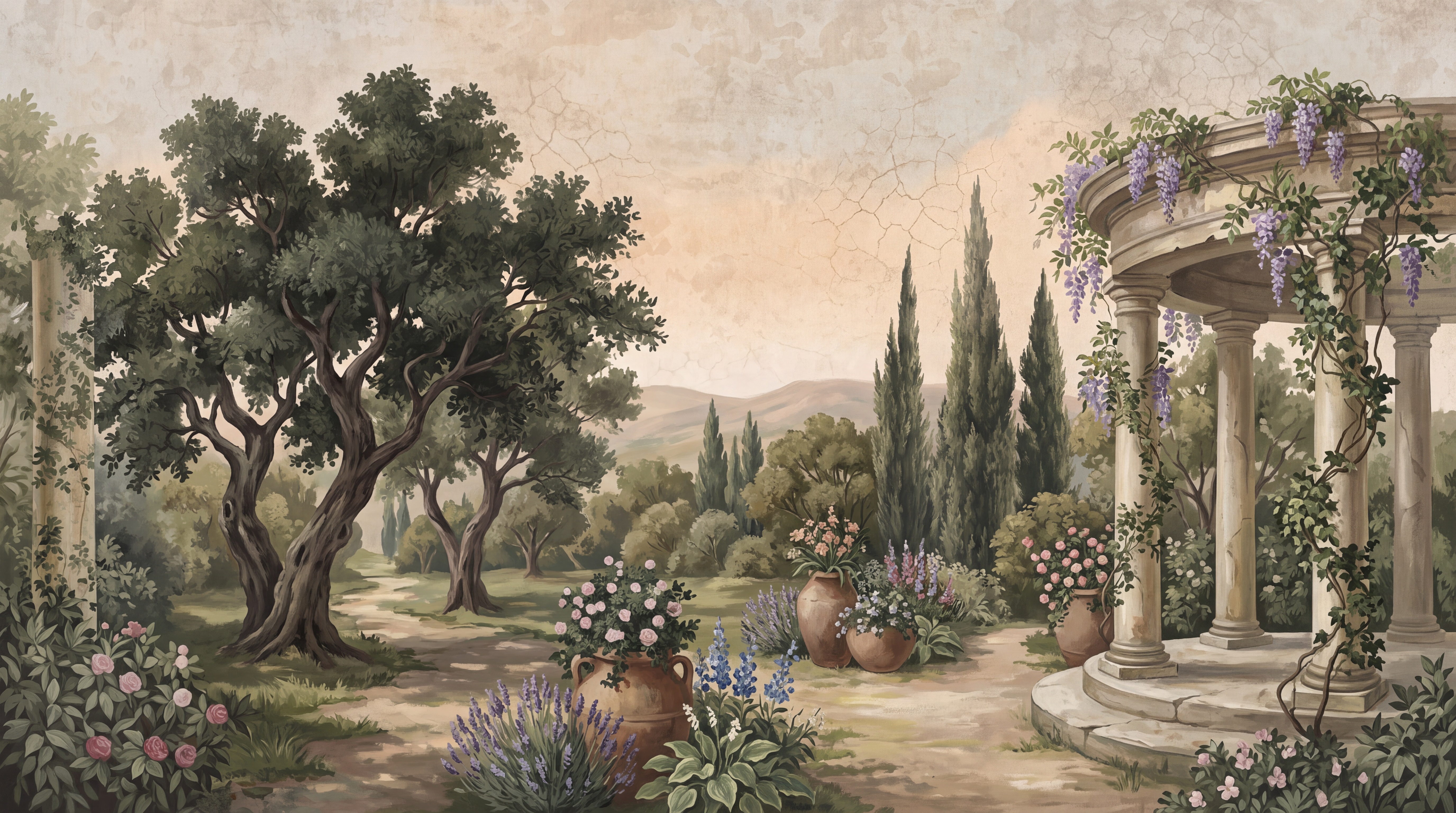 Olive Garden Scenic Wallpaper Mural Dining-room-wallpaper-murals, Peel-and-stick Finish