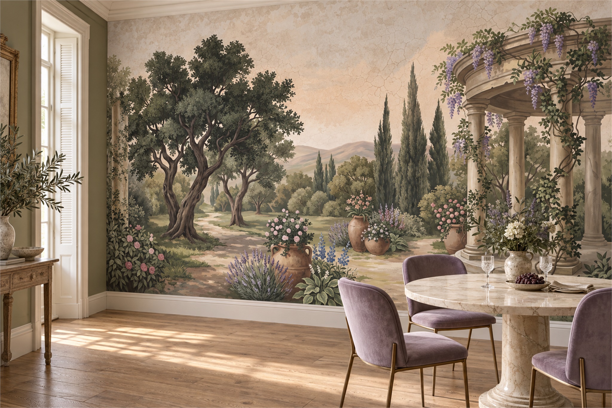 Olive Garden With Wisteria Pergola And Potted Flowers Wallpaper Mural — Wallpaper Mural Design, Peel-and-stick Finish