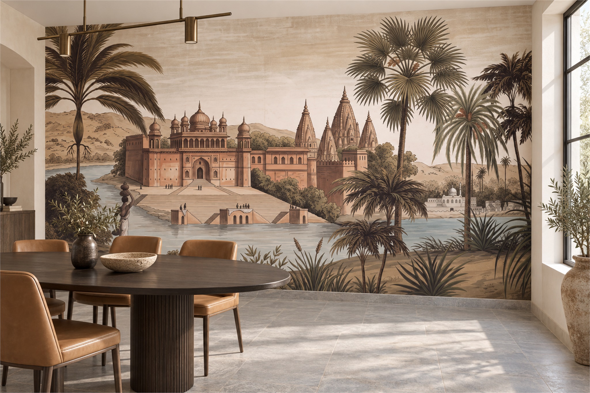 Sepia Palace Scenic Wallpaper Mural Dining-room-wallpaper-murals, Shown In A Dining Room, Peel-and-stick Finish