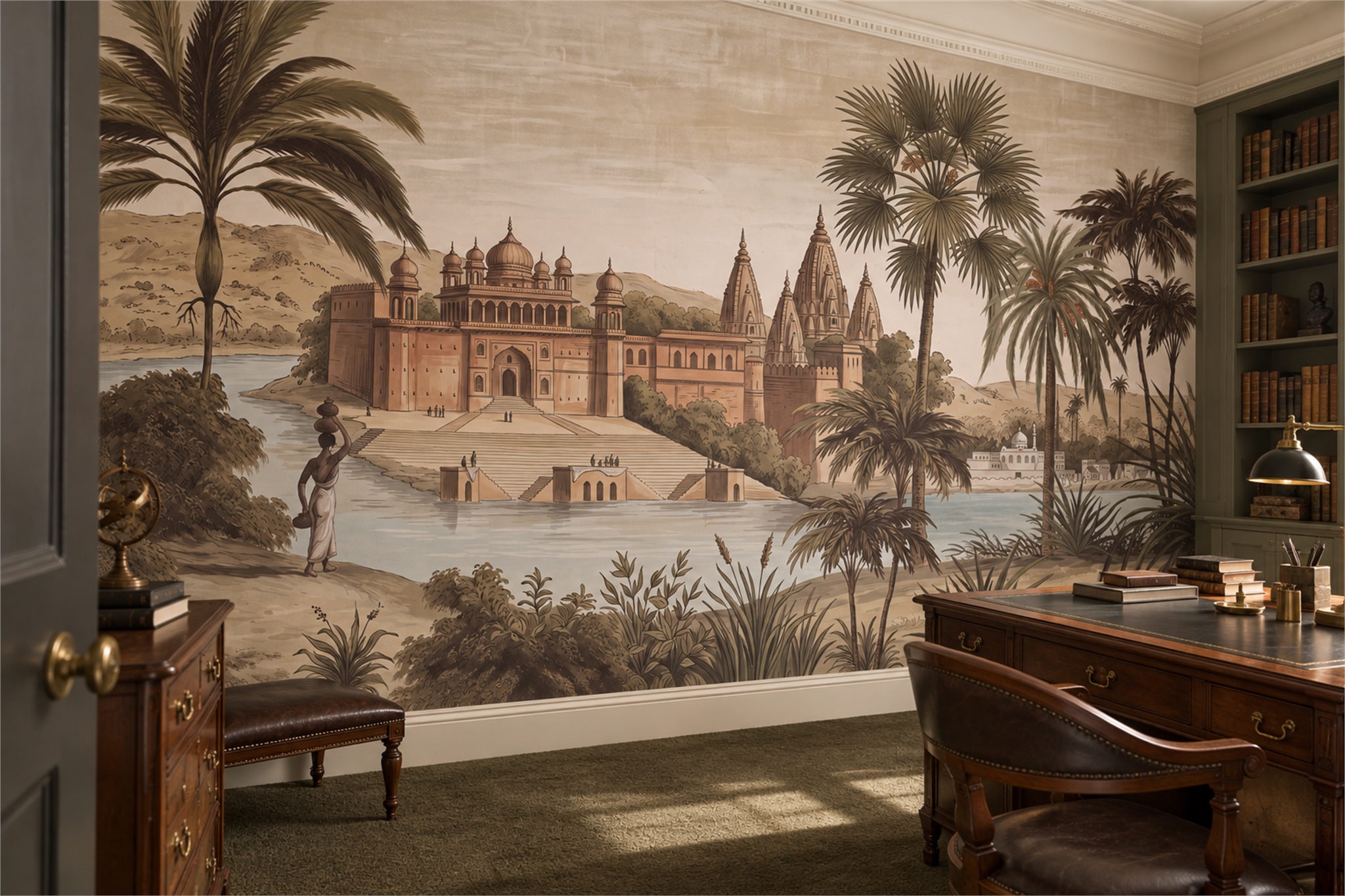 Sepia Palace Scenic Wallpaper Mural Home-office-wallpaper-murals, Shown In A Home Office, Peel-and-stick Finish