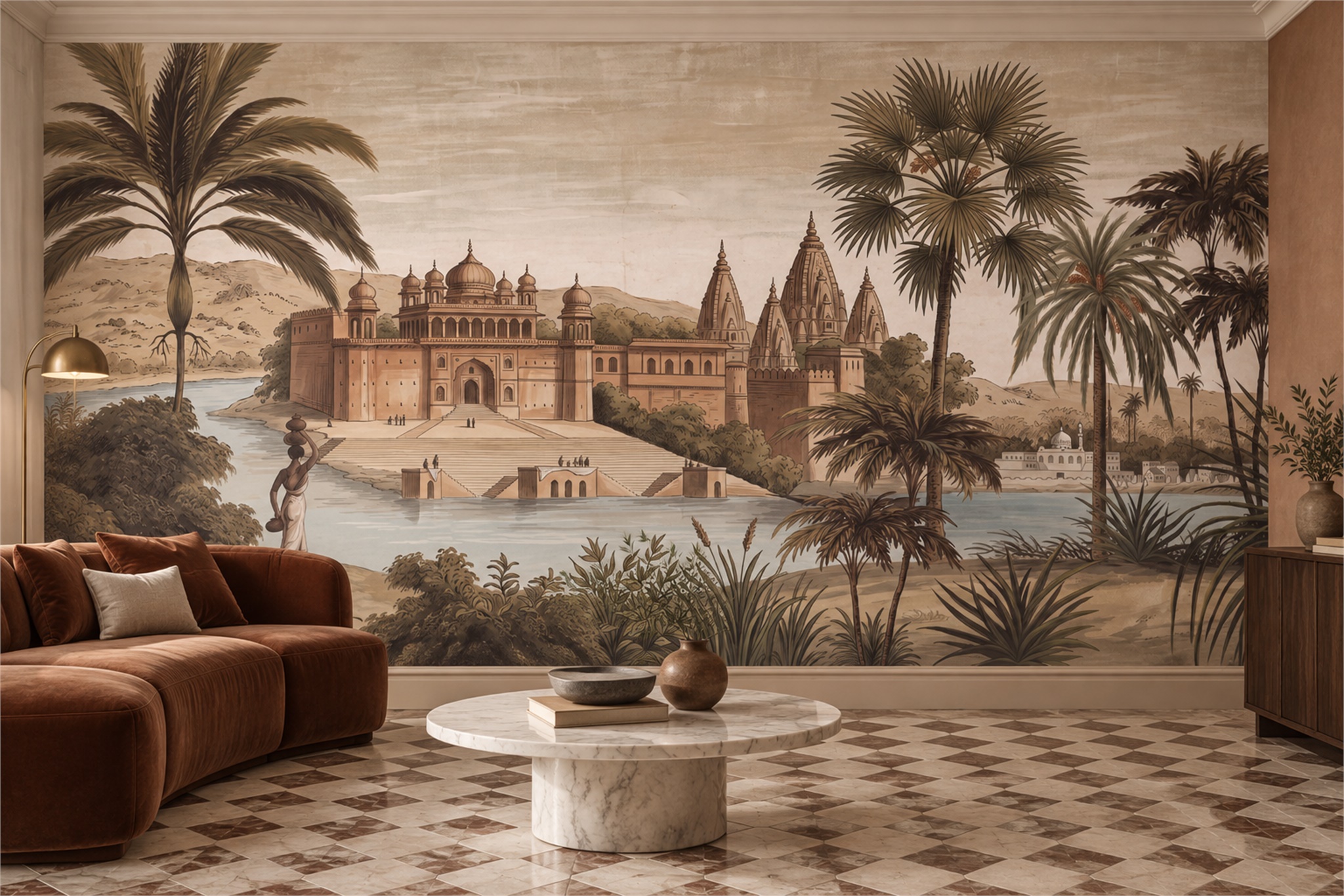 Sepia Palace, Temple Towers And Riverfront Steps Wallpaper Mural — Wallpaper Mural Design, Peel-and-stick Finish