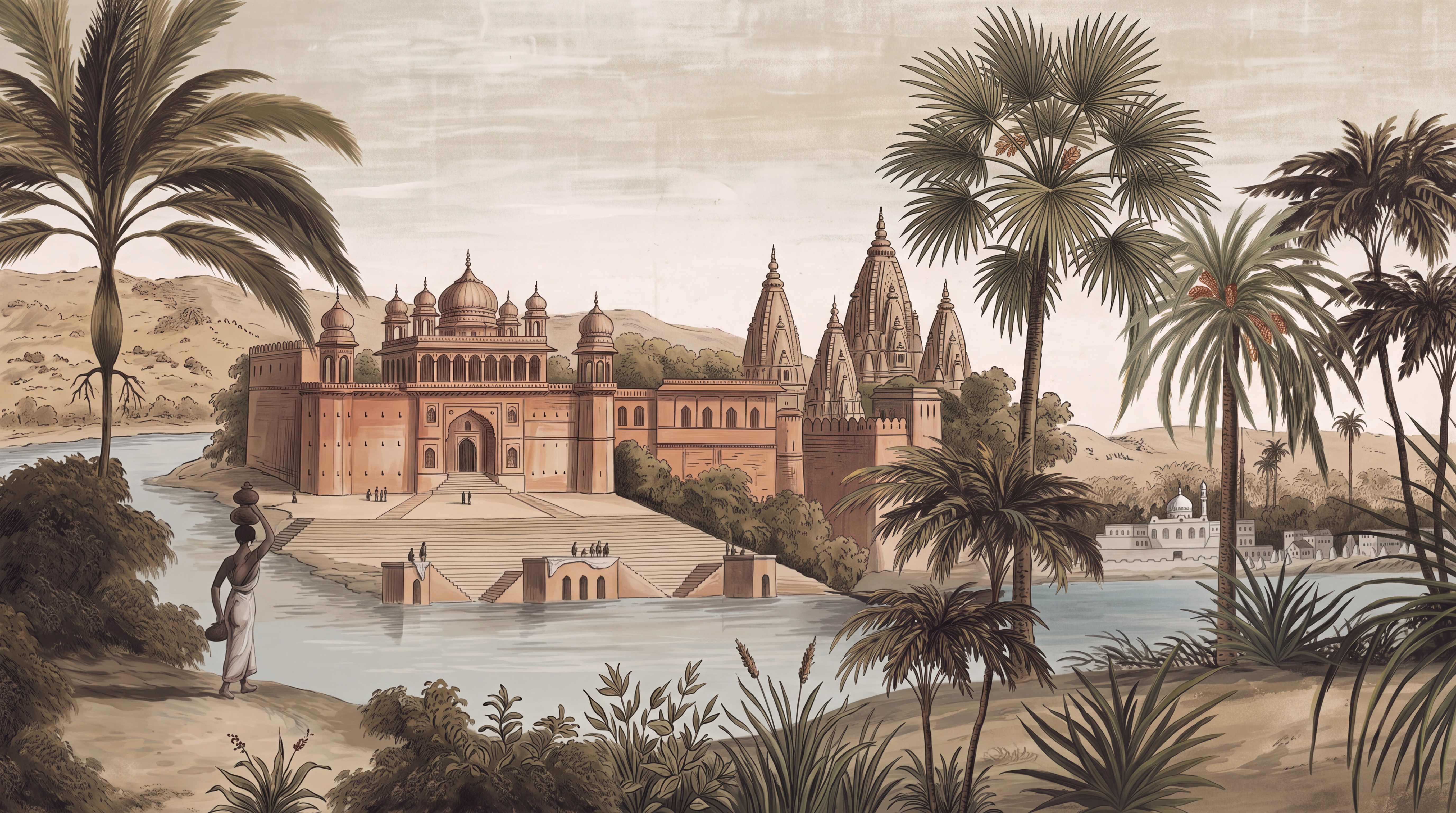 Sepia Palace Scenic Wallpaper Mural Accent-wall-wallpaper-murals, Peel-and-stick Finish