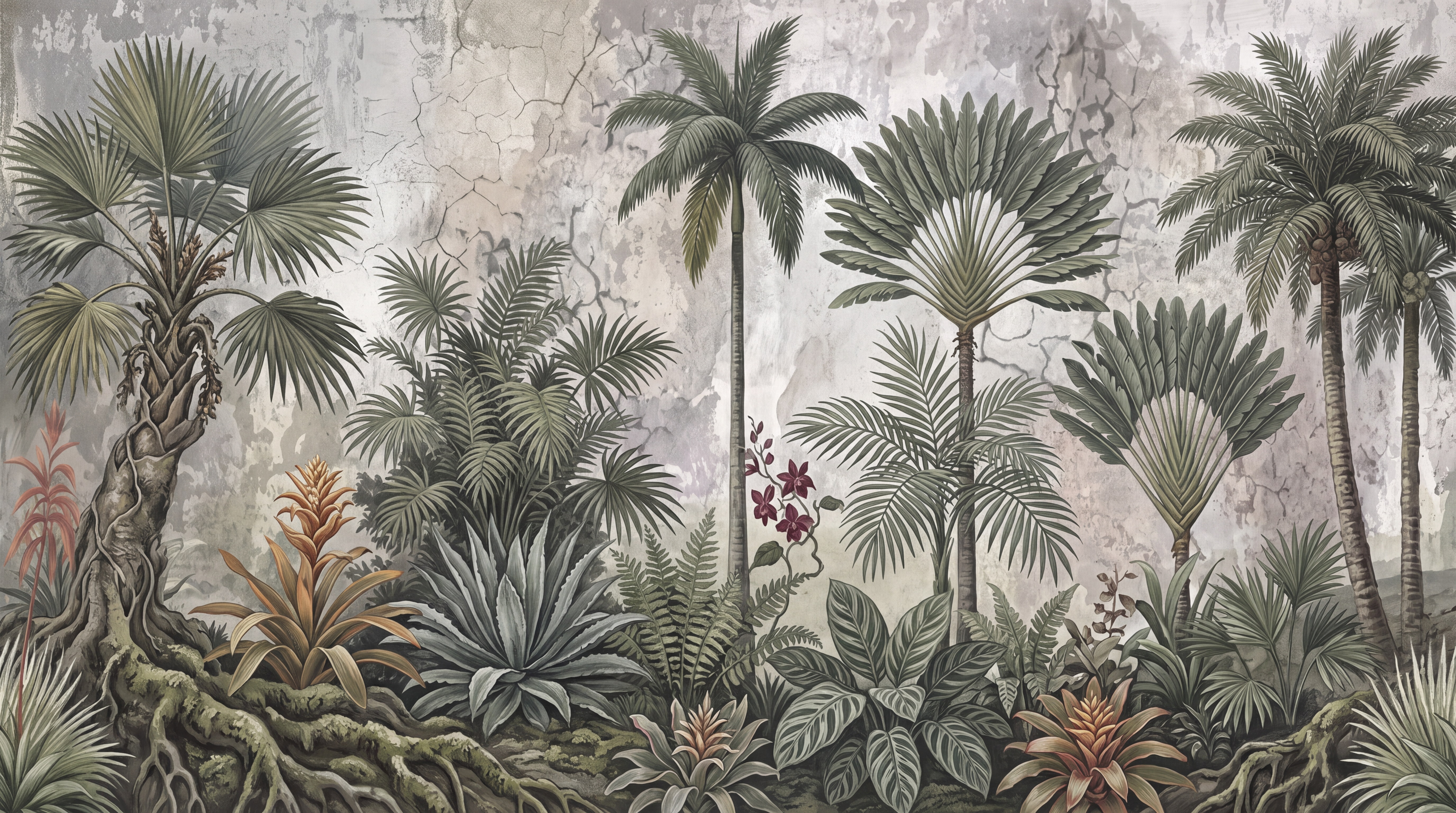 Grey Tropical Artful Layered Wallpaper Mural, Peel-and-stick Finish