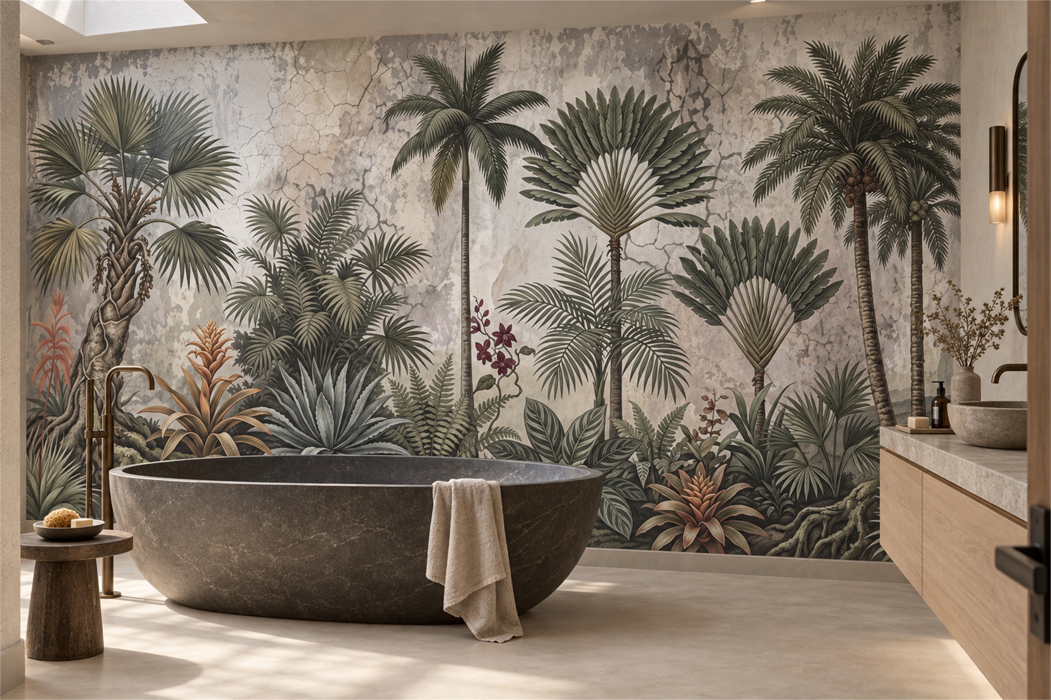 Grey Tropical Artful Layered Wallpaper Mural Bathroom-wallpaper-murals, Peel-and-stick Finish