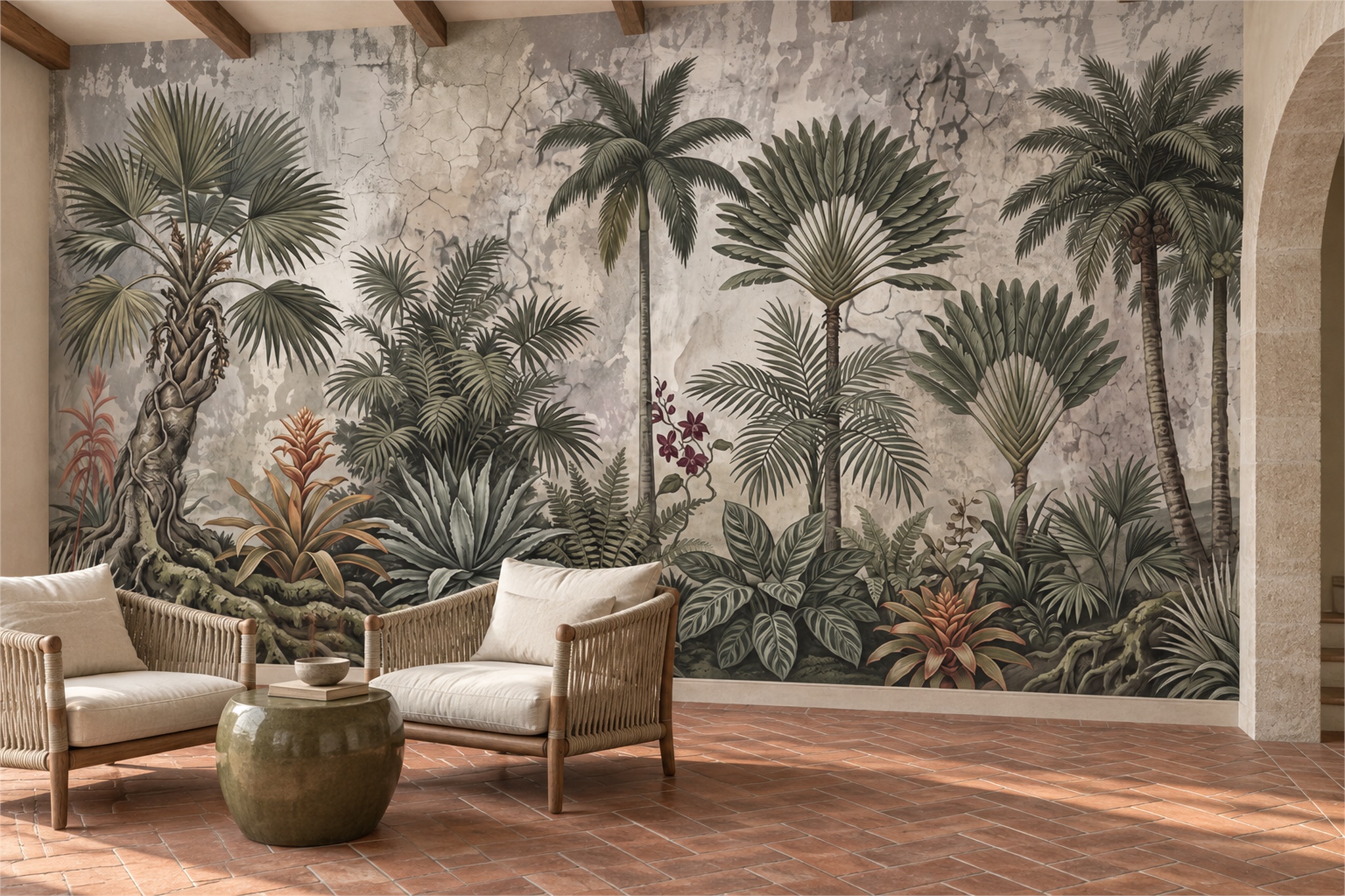 Grey Palms And Tropical Foliage On A Weathered Wall Wallpaper Mural — Wallpaper Mural Design, Peel-and-stick Finish