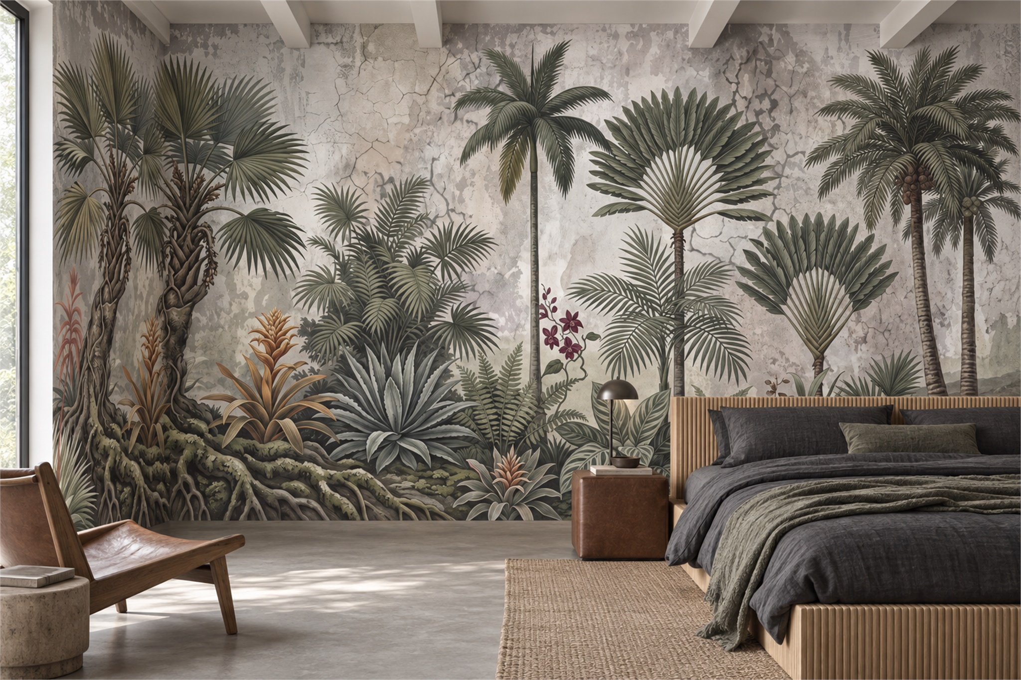 Grey Tropical Artful Layered Wallpaper Mural Living-room-wallpaper-murals, Peel-and-stick Finish
