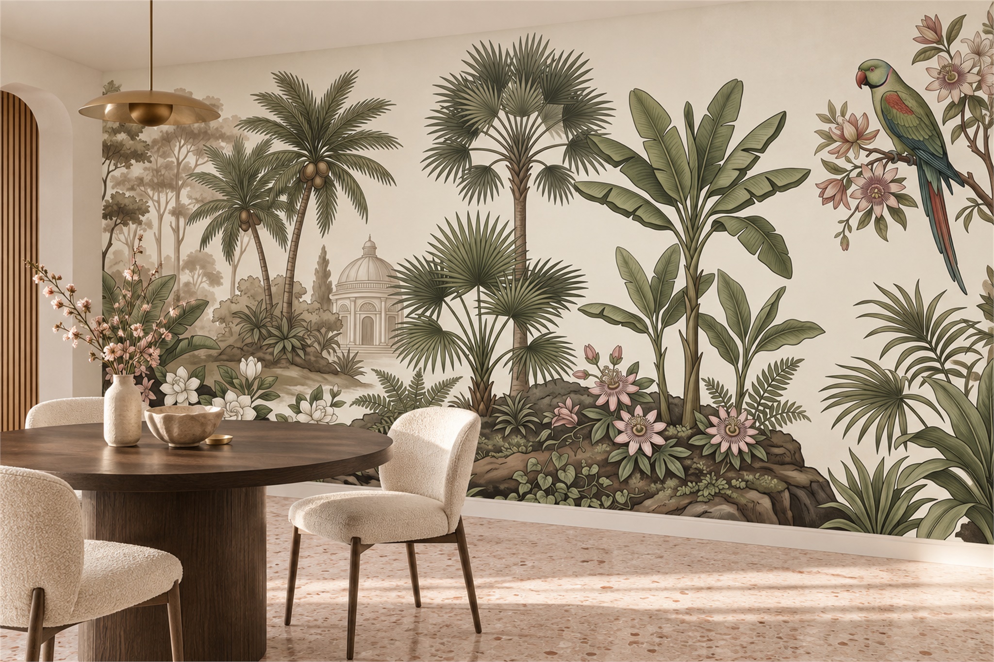 Green Parrot Illustrated Decorative Wallpaper Mural Dining-room-wallpaper-murals, Shown In A Dining Room, Peel-and-stick Finish