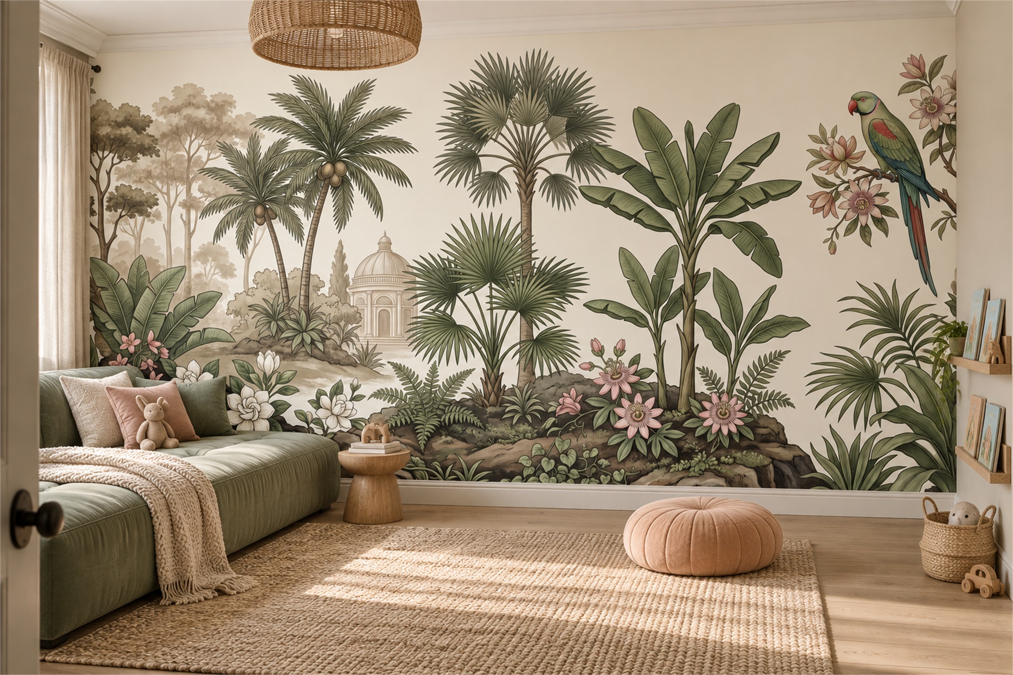 Green Parrot Illustrated Decorative Wallpaper Mural Home-office-wallpaper-murals, Peel-and-stick Finish