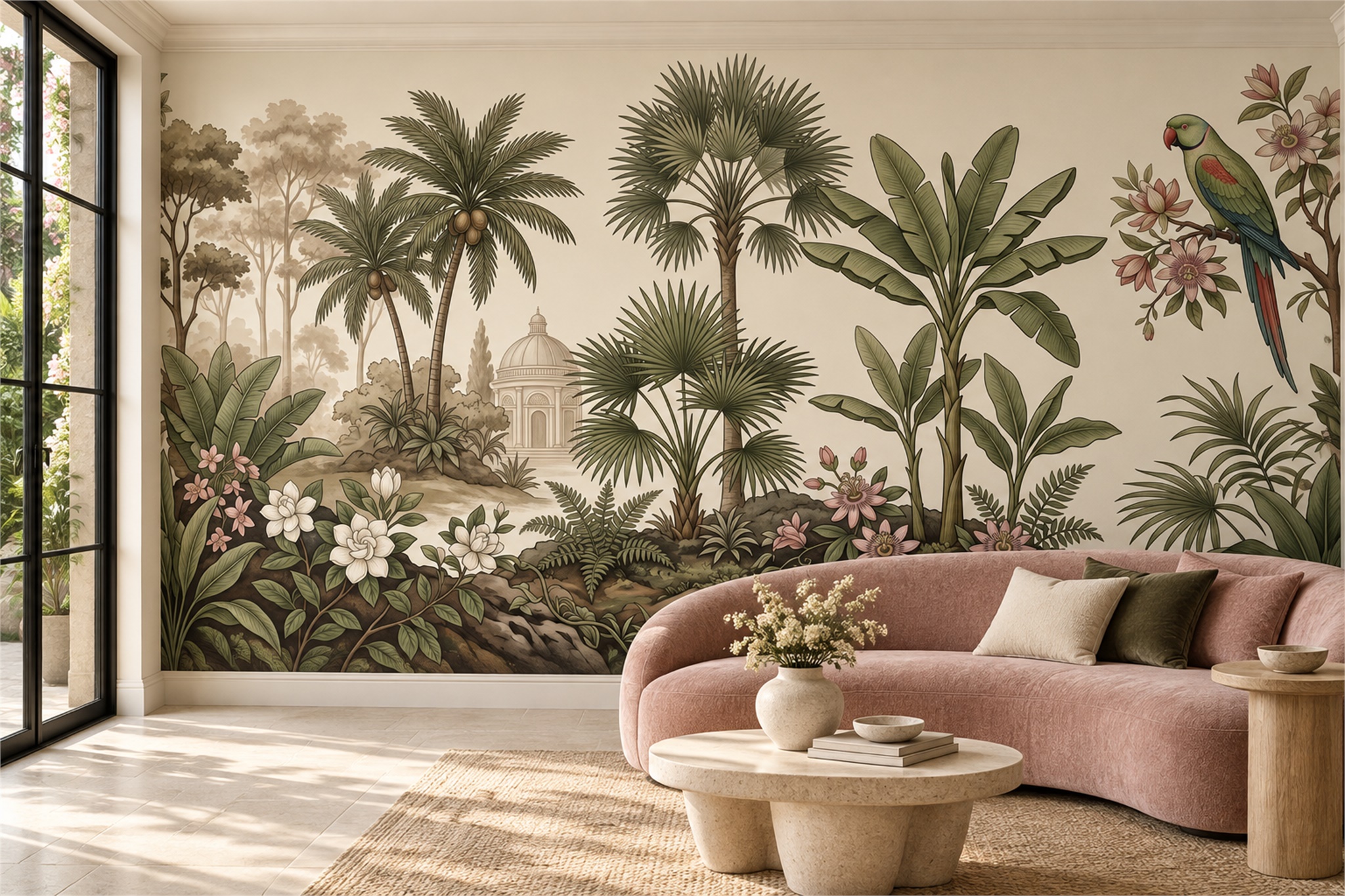 Green Parrot Among Palms And Flowering Garden Wallpaper Mural — Wallpaper Mural Design, Peel-and-stick Finish