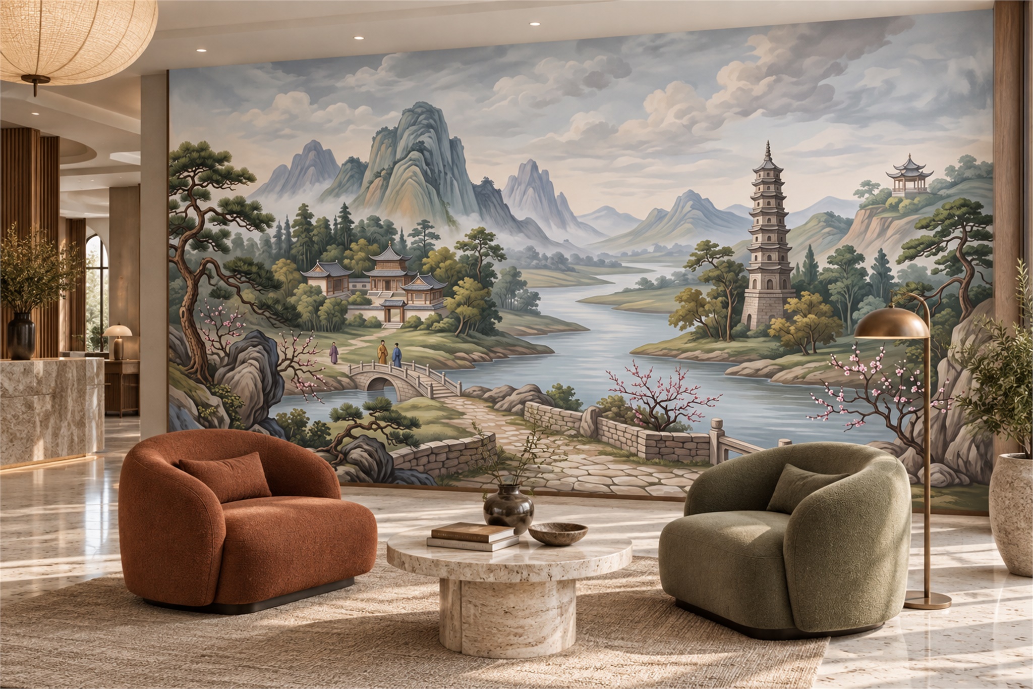 Blue Pattern Decorative Wallpaper Mural Layered Atmospheric Wallpaper Living-room-wallpaper-murals, Peel-and-stick Finish