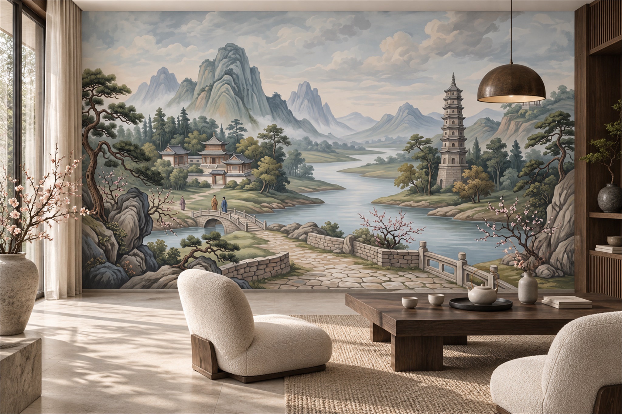 Blue Pattern Decorative Wallpaper Mural Layered Atmospheric Wallpaper Accent-wall-wallpaper-murals, Peel-and-stick Finish