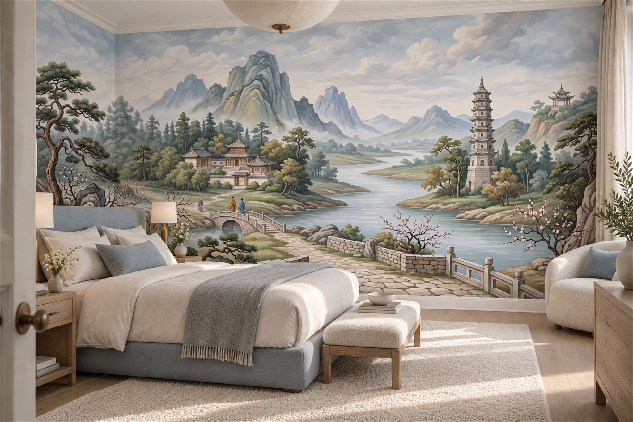 Blue Pattern Decorative Wallpaper Mural Layered Atmospheric Wallpaper Living-room-wallpaper-murals, Peel-and-stick Finish